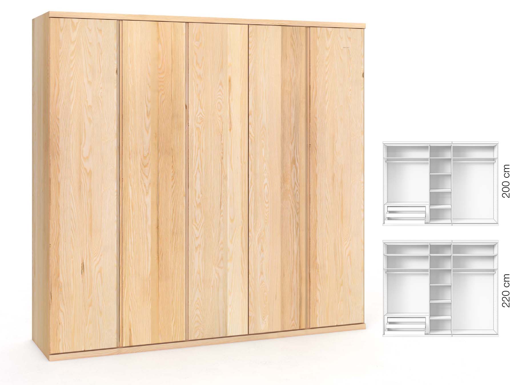Eschenschrank „Romana“, 5-türig, Höhe 220 cm, Griffausführung „Patrizia“, Inneneinrichtung: C