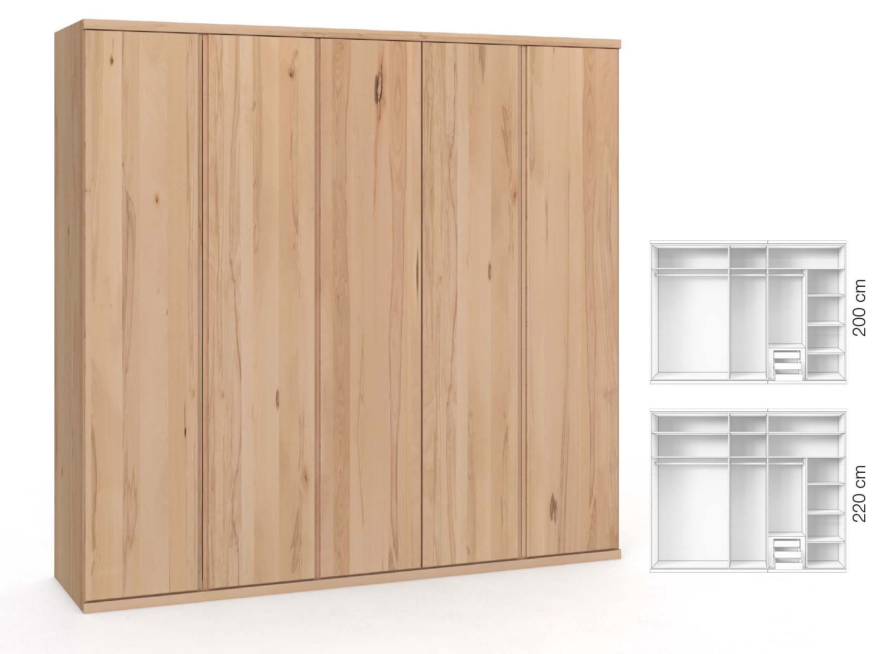 Buchenschrank „Romana“, 5-türig, Höhe 220 cm, Griffausführung „Patrizia“, Inneneinrichtung: D