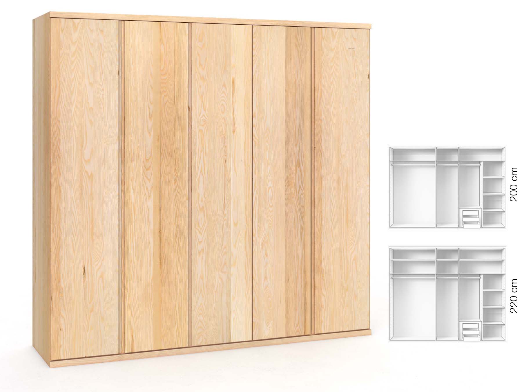 Eschenschrank „Romana“, 5-türig, Höhe 220 cm, Griffausführung „Patrizia“, Inneneinrichtung: D
