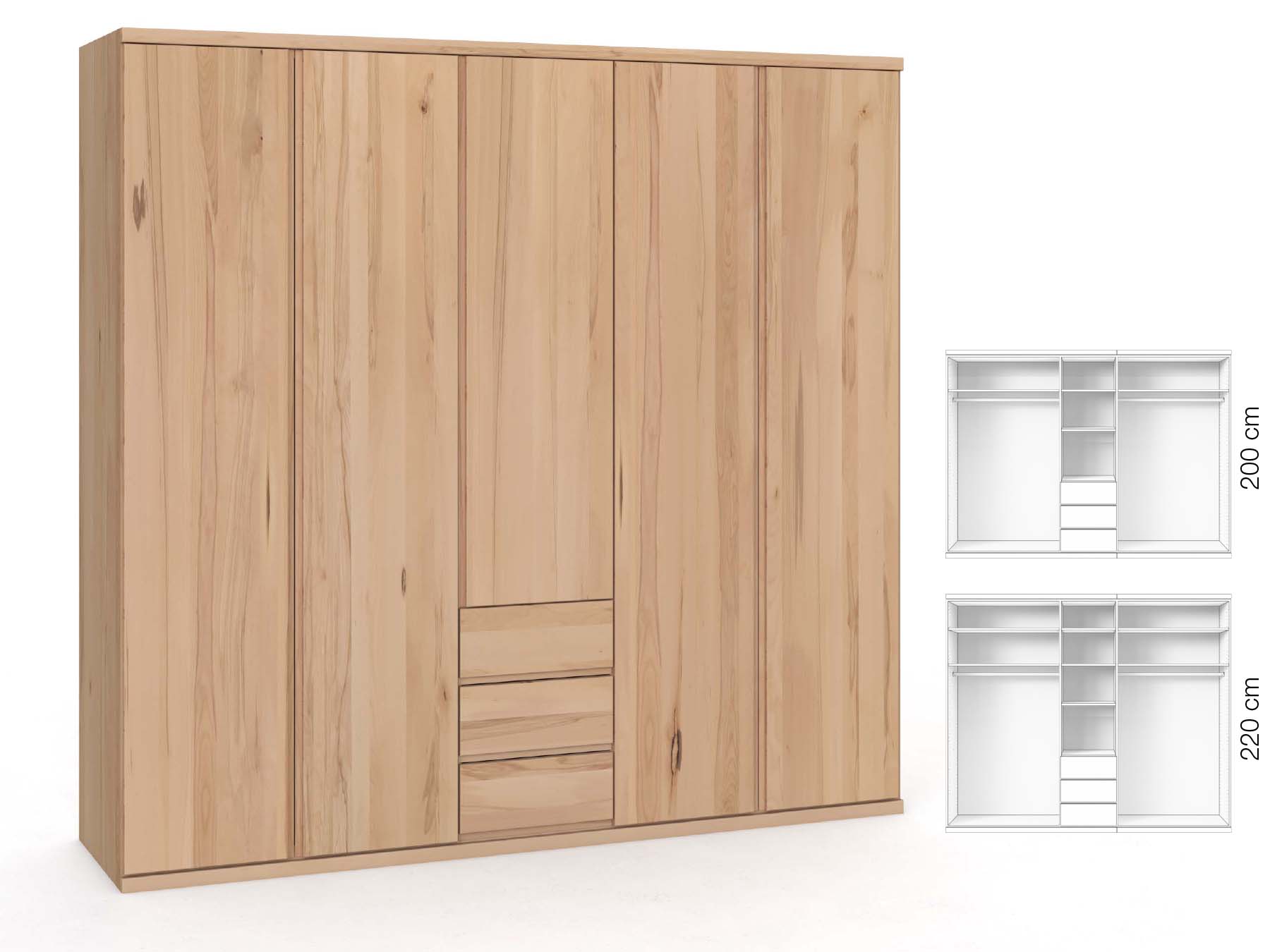 Buchenschrank „Romana“, 5-türig, Höhe 220 cm, Griffausführung „Patrizia“, Inneneinrichtung: E