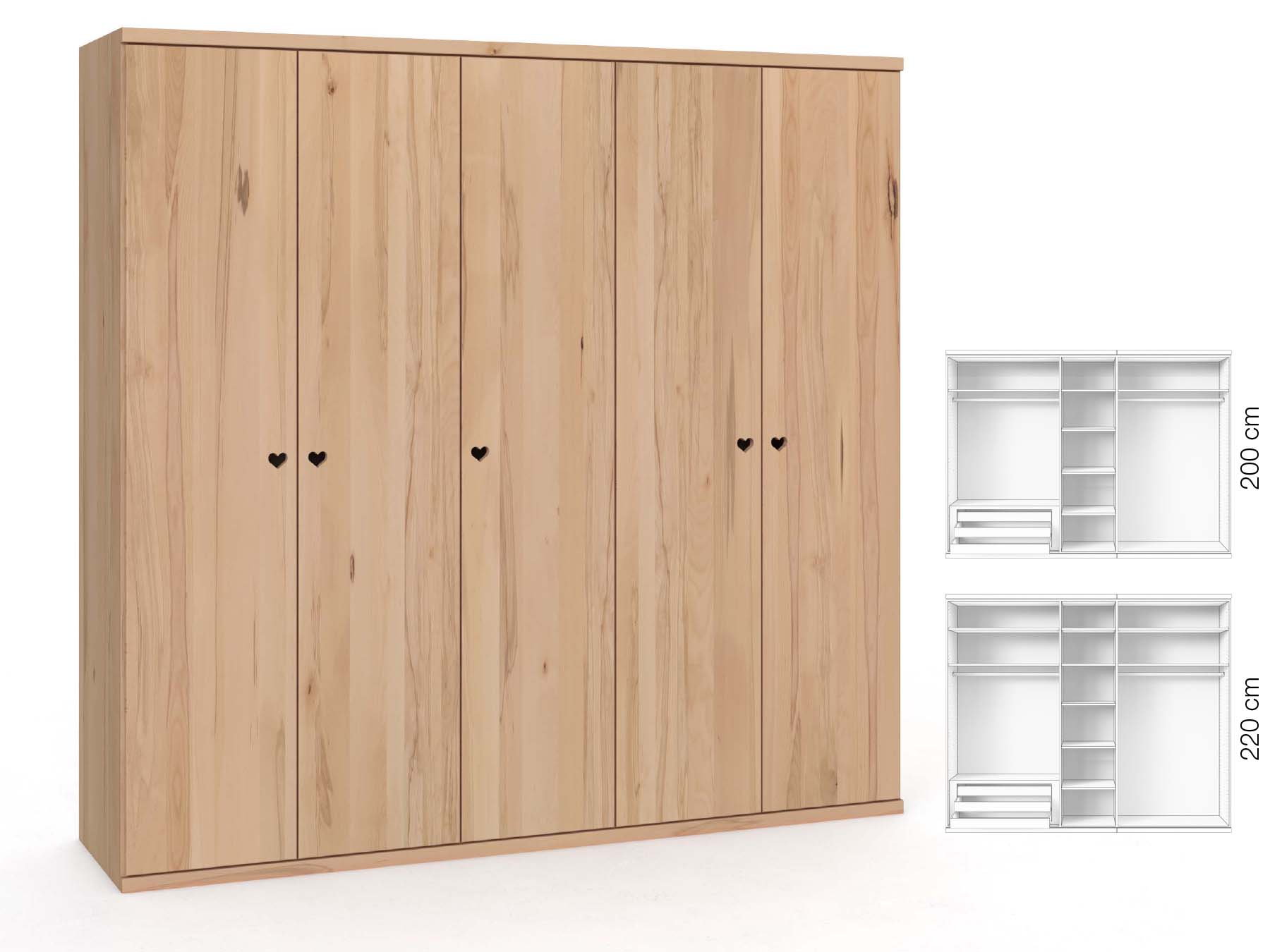 Buchenschrank „Romana“, 5-türig, Höhe 220 cm, Griffausführung „Heidi“, Inneneinrichtung: C