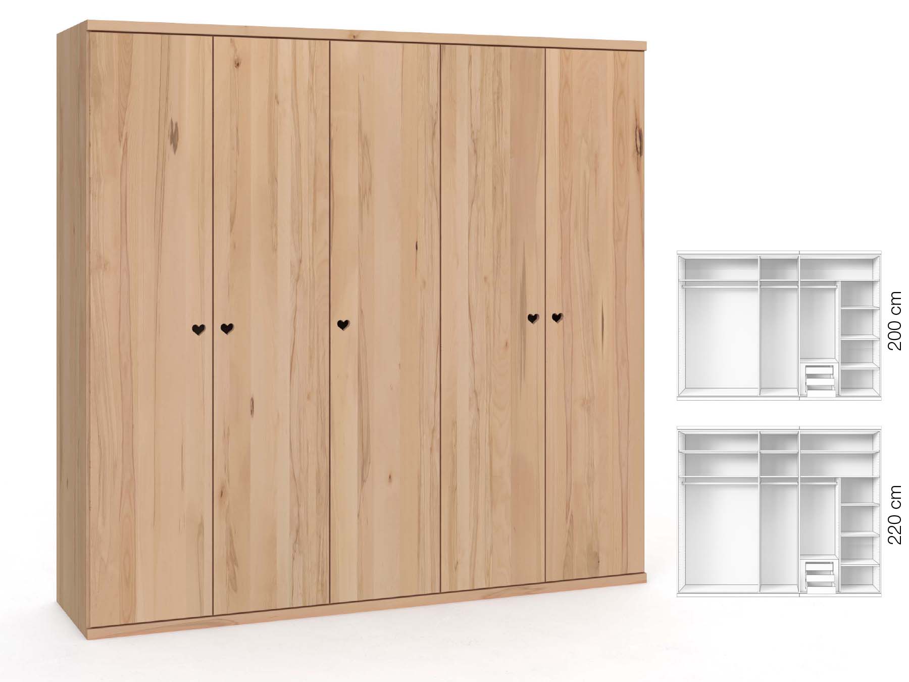 Buchenschrank „Romana“, 5-türig, Höhe 220 cm, Griffausführung „Heidi“, Inneneinrichtung: D