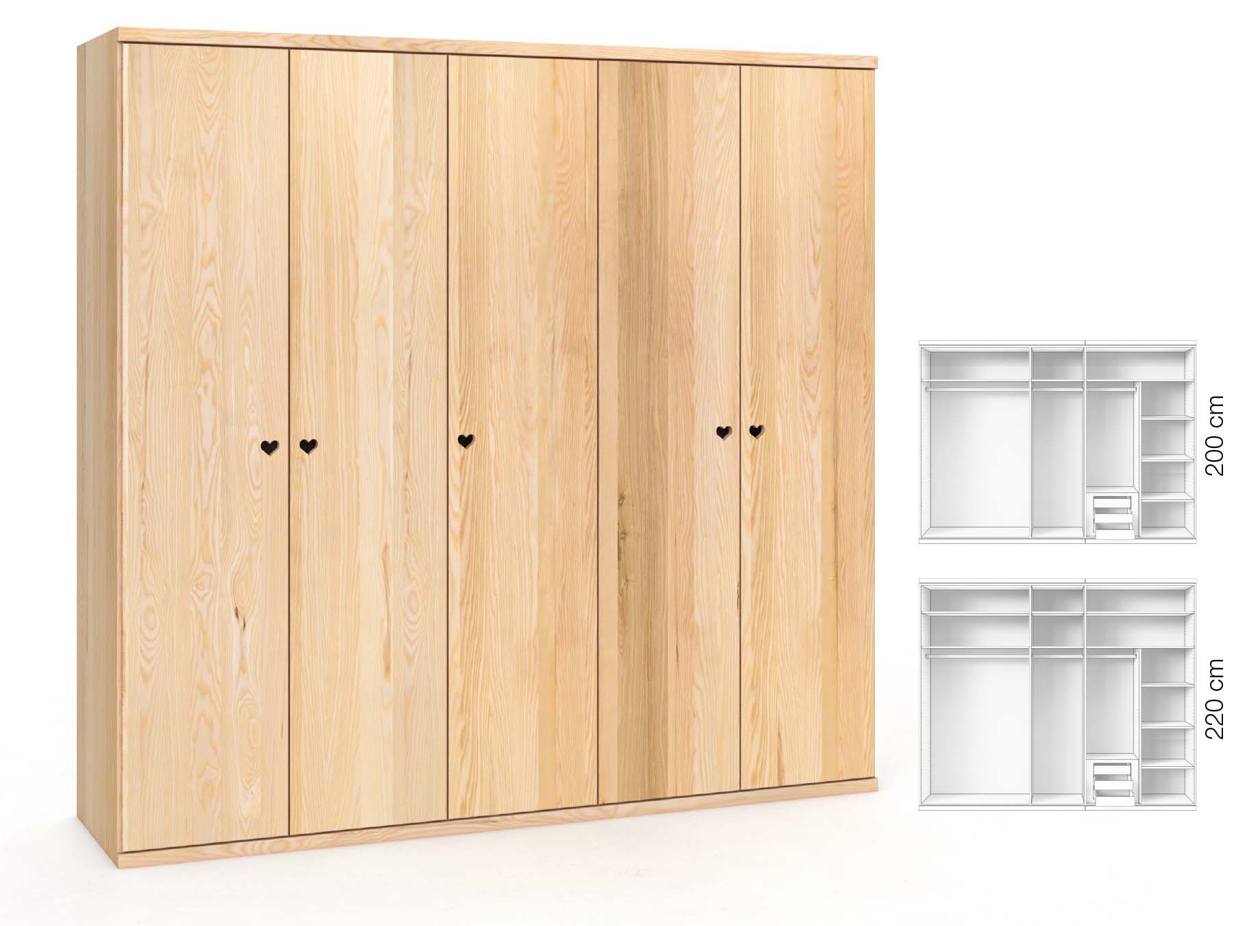 Eschenschrank „Romana“, 5-türig, Höhe 220 cm, Griffausführung „Patrizia“, Inneneinrichtung: D