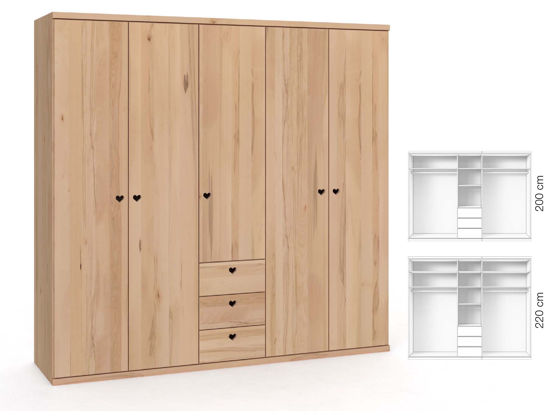 Buchenschrank „Romana“, 5-türig, Höhe 220 cm, Griffausführung „Heidi“, Inneneinrichtung: E