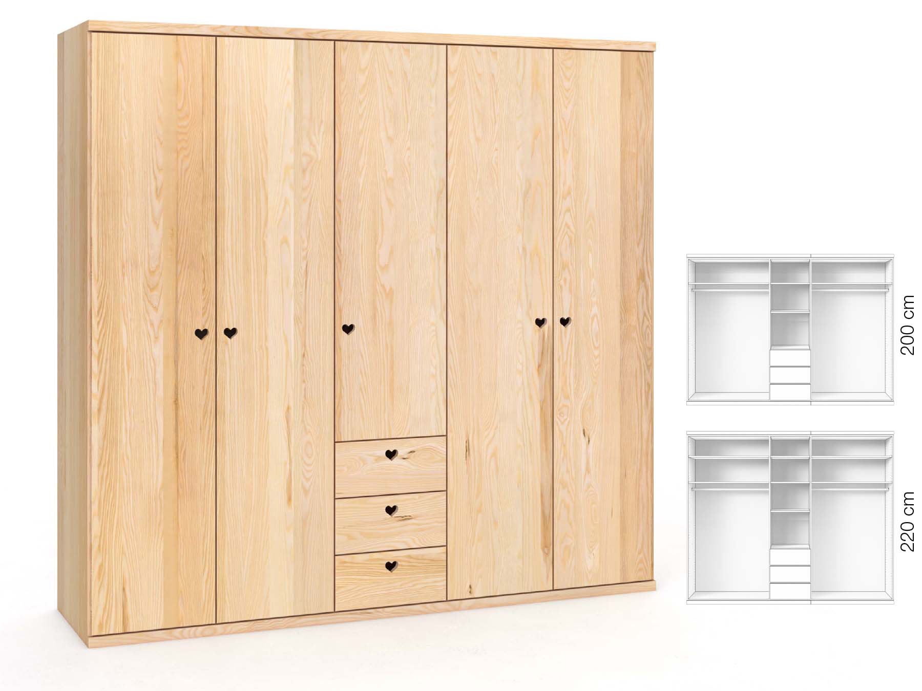 Eschenschrank „Romana“, 5-türig, Höhe 220 cm, Griffausführung „Patrizia“, Inneneinrichtung: E