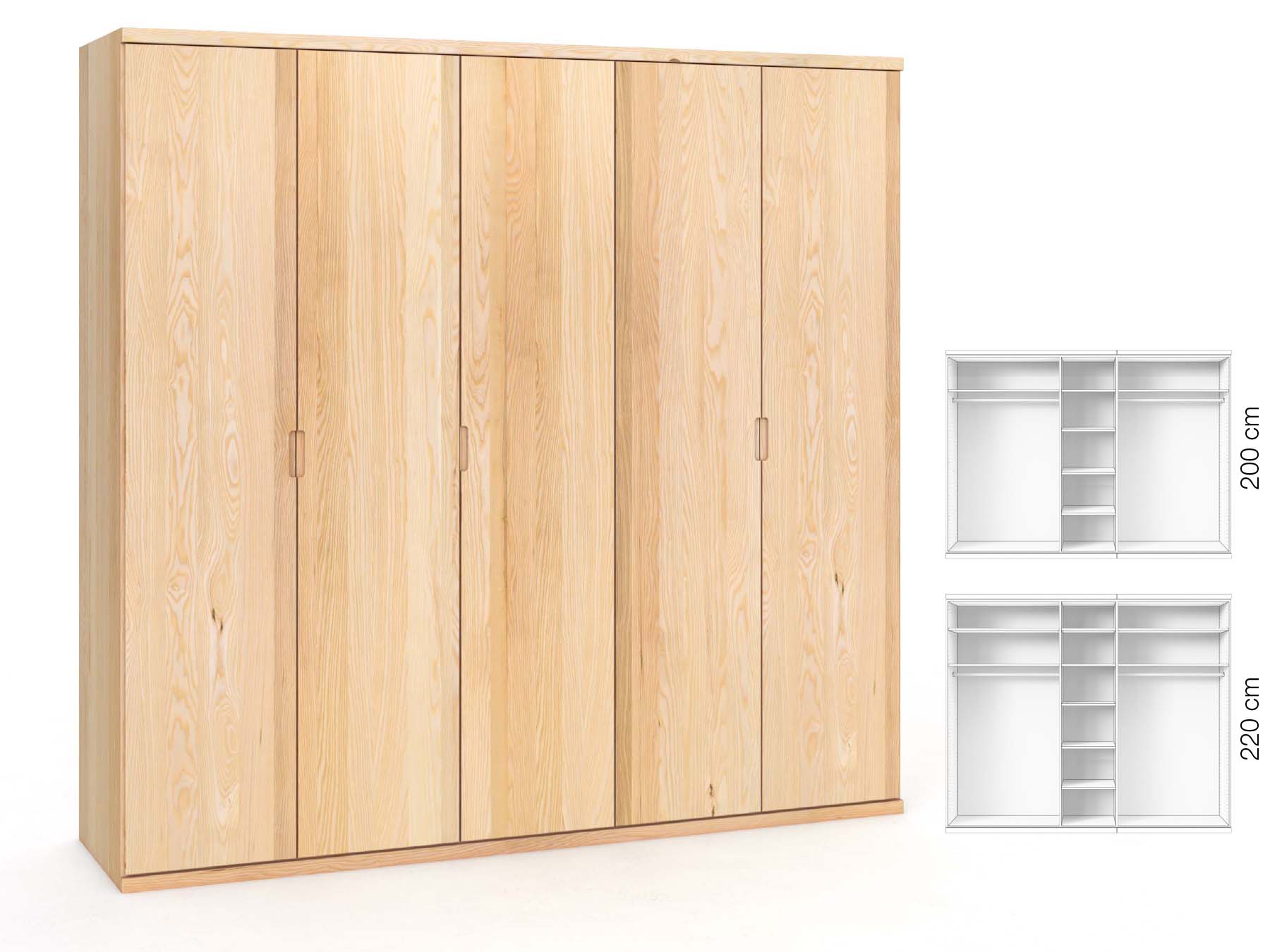 Eschenschrank „Romana“, 5-türig, Höhe 220 cm, Griffausführung „Lukas“, Inneneinrichtung: B
