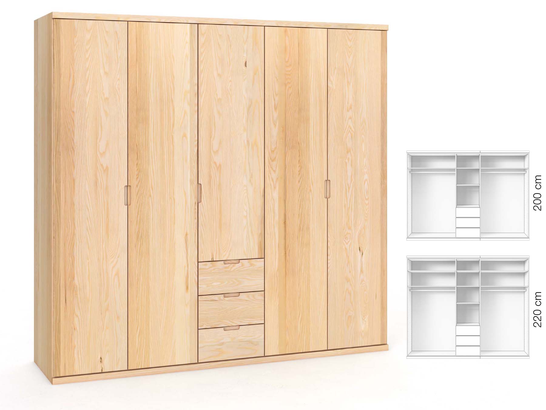 Eschenschrank „Romana“, 5-türig, Höhe 220 cm, Griffausführung „Lukas“, Inneneinrichtung: E