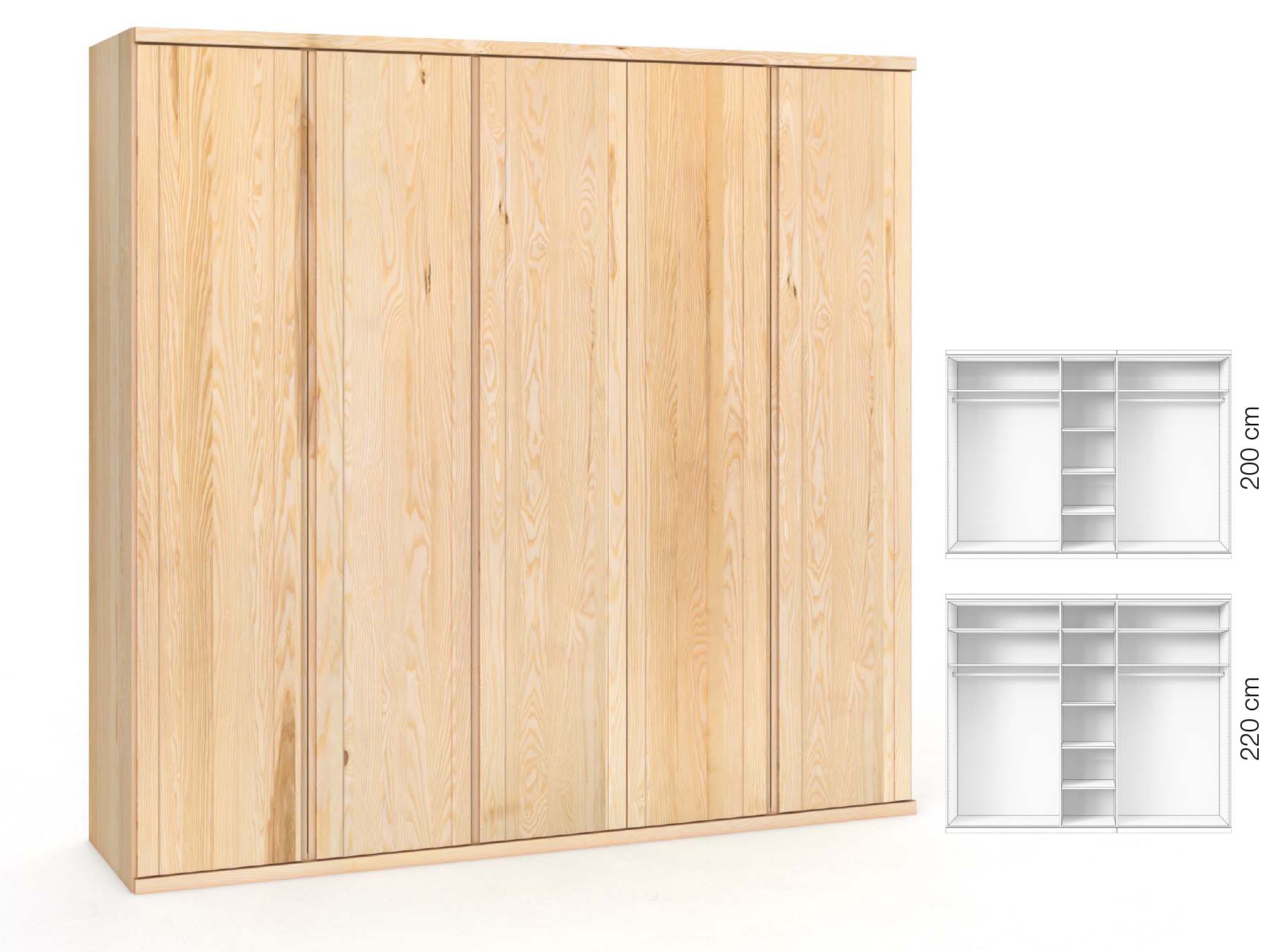 Eschenschrank „Egon“, 5-türig, Höhe 220 cm, Griffausführung „Patrizia“, Inneneinrichtung: B