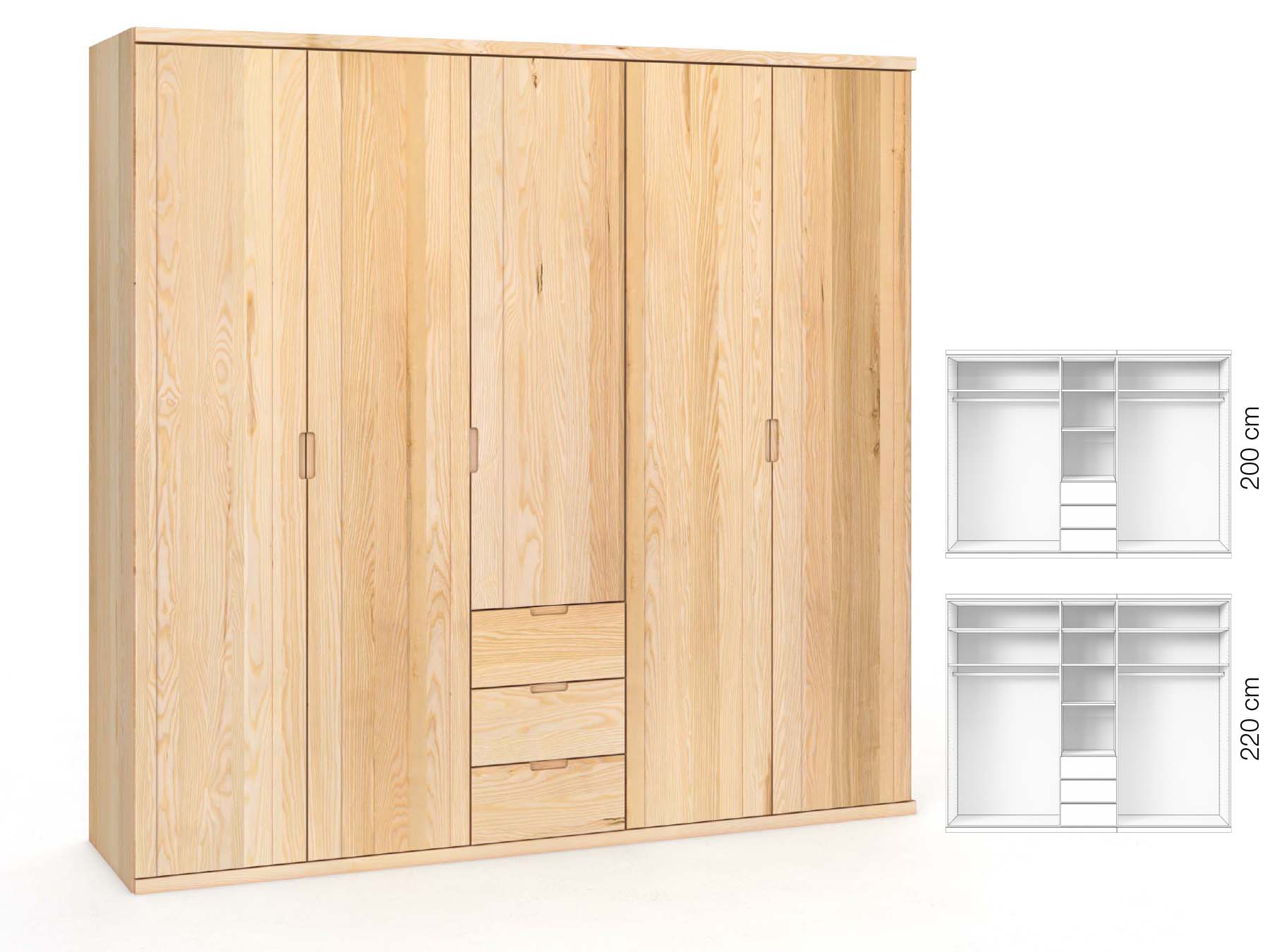 Eschenschrank „Egon“, 5-türig, Höhe 220 cm, Griffausführung „Lukas“, Inneneinrichtung: E