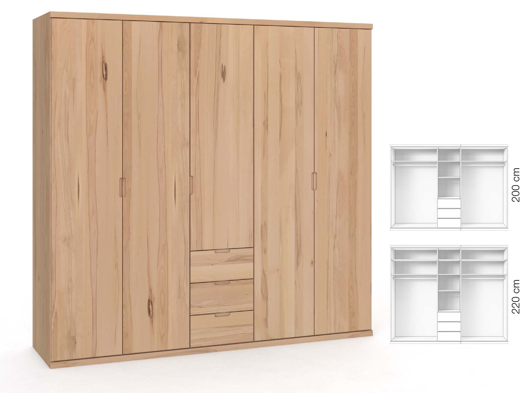 Buchenschrank „Romana“, 5-türig, Höhe 220 cm, Griffausführung „Lukas“, Inneneinrichtung: E