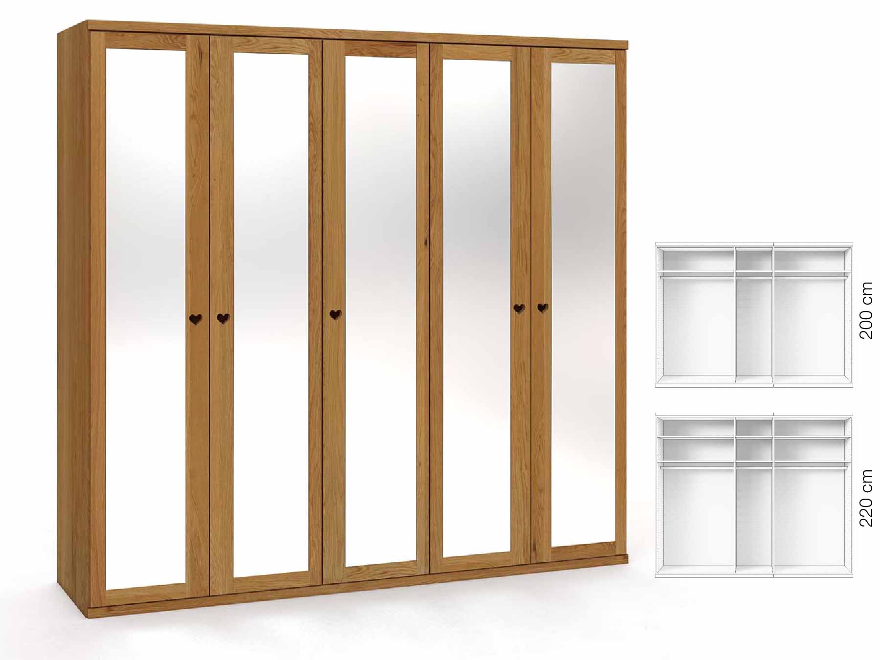 Eichenschrank „Sandra“, 5-türig, Höhe 220 cm, Griffausführung „Heidi“, Inneneinrichtung: A