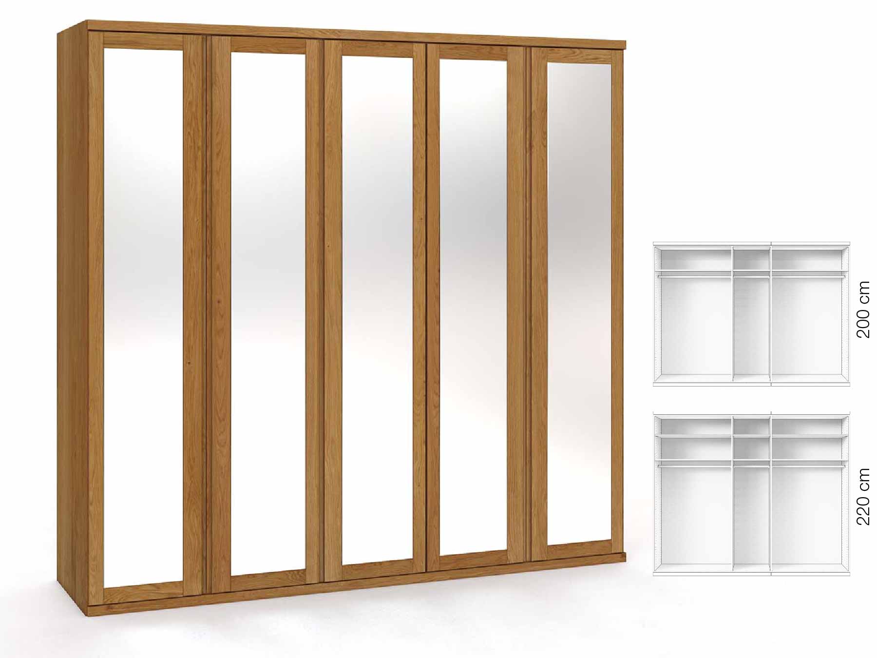 Eichenschrank „Sandra“, 5-türig, Höhe 220 cm, Griffausführung „Patrizia“, Inneneinrichtung: A