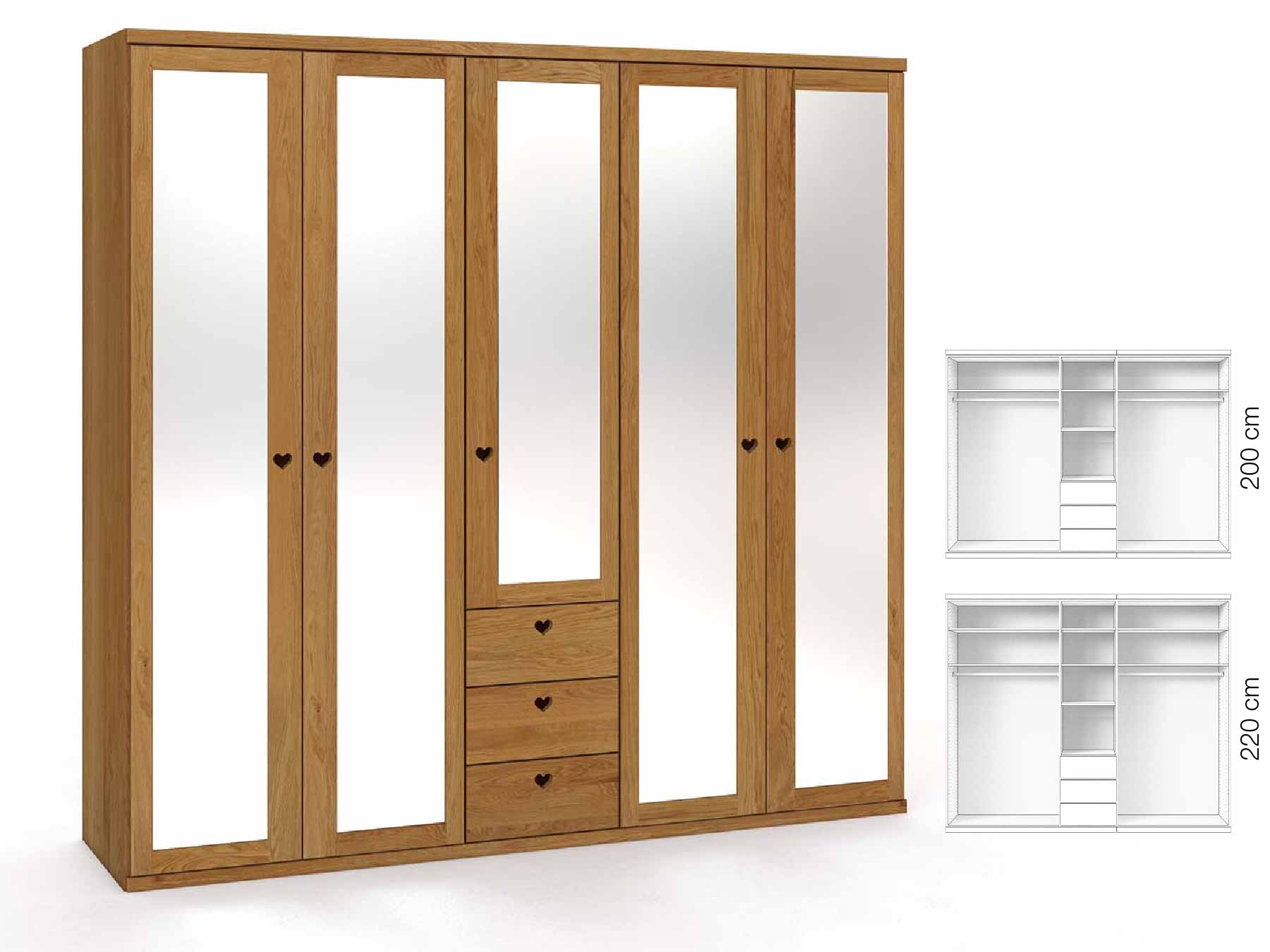 Eichenschrank „Sandra“, 5-türig, Höhe 220 cm, Griffausführung „Heidi“, Inneneinrichtung: E