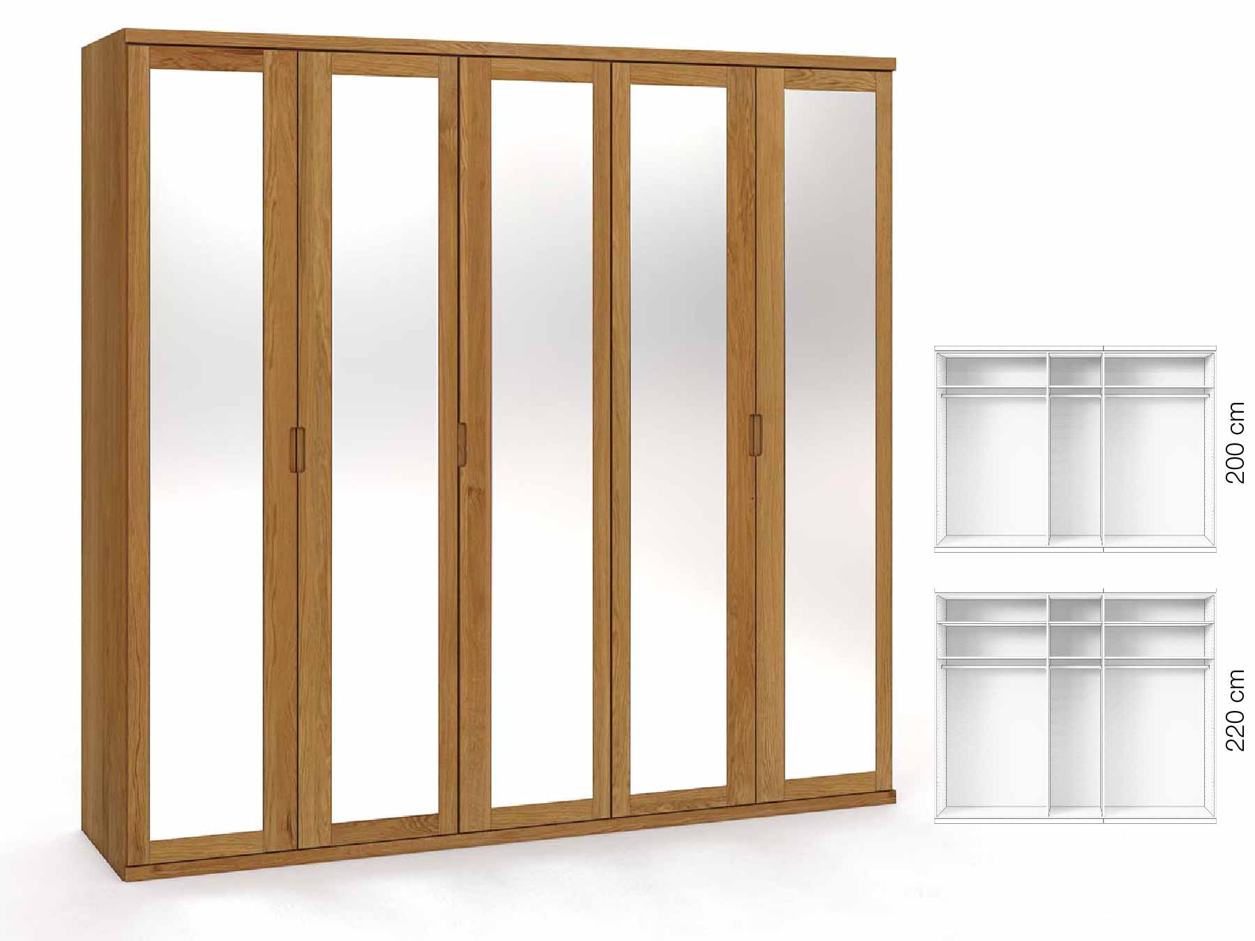 Eichenschrank „Sandra“, 5-türig, Höhe 220 cm, Griffausführung „Lukas“, Inneneinrichtung: A