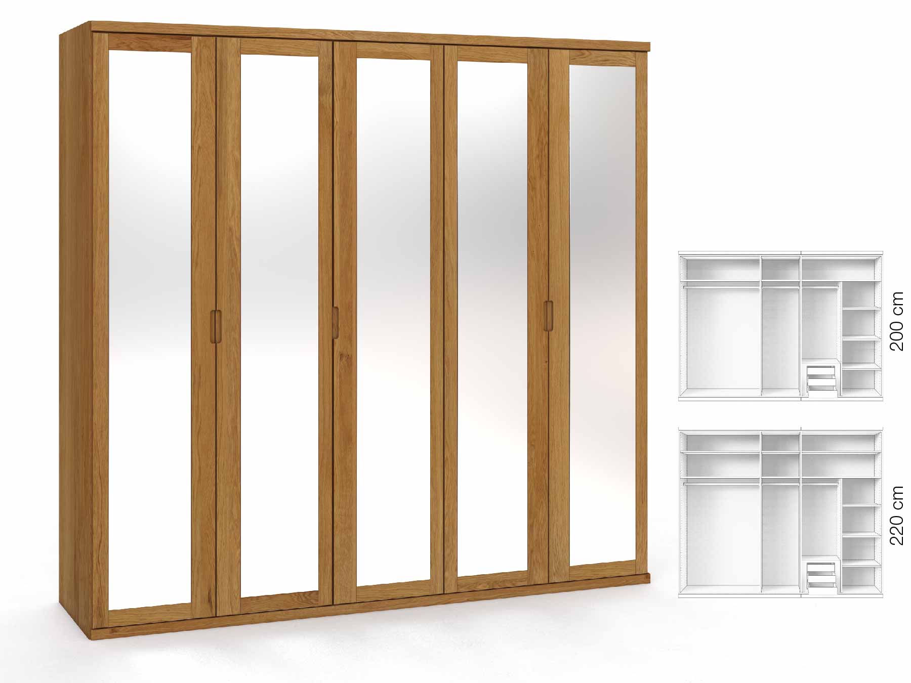 Eichenschrank „Sandra“, 5-türig, Höhe 220 cm, Griffausführung „Lukas“, Inneneinrichtung: D