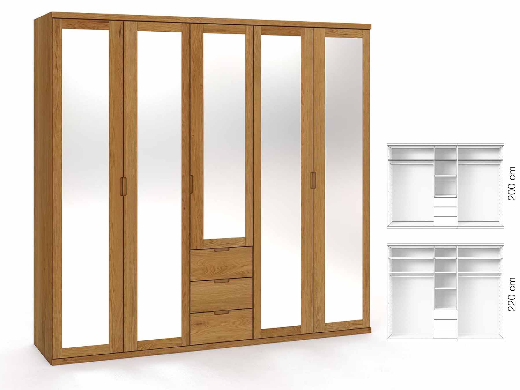 Eichenschrank „Sandra“, 5-türig, Höhe 220 cm, Griffausführung „Lukas“, Inneneinrichtung: E
