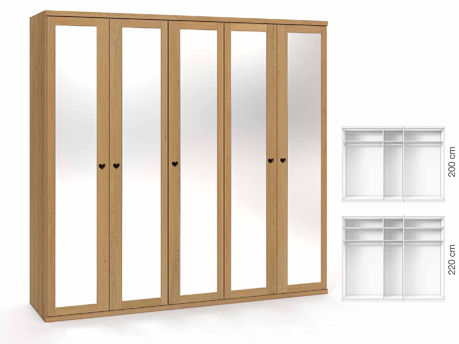 Eichenschrank Hell „Sandra“, 5-türig, Höhe 220 cm, Griffausführung „Heidi“, Inneneinrichtung: A