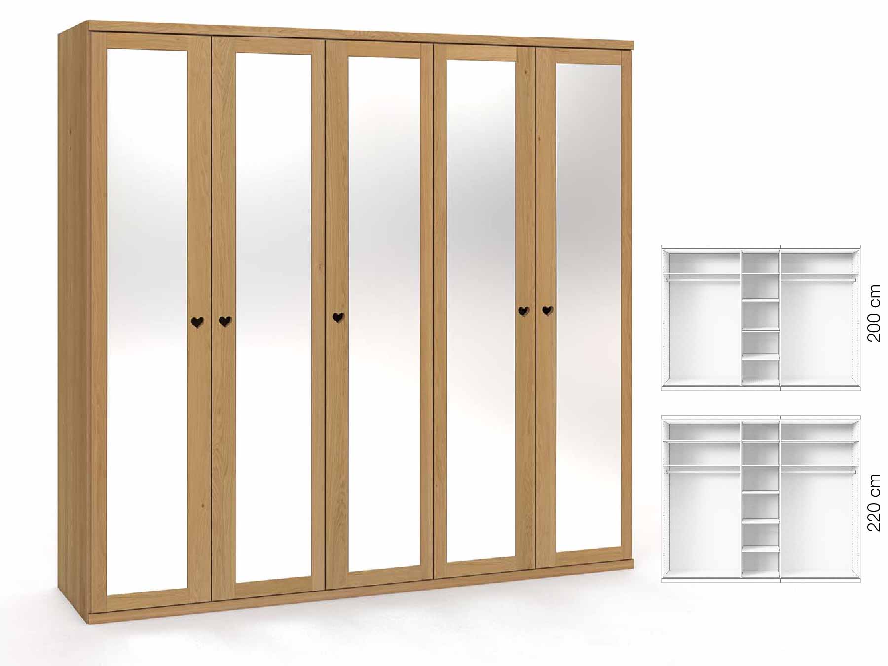 Eichenschrank Hell „Sandra“, 5-türig, Höhe 220 cm, Griffausführung „Heidi“, Inneneinrichtung: B