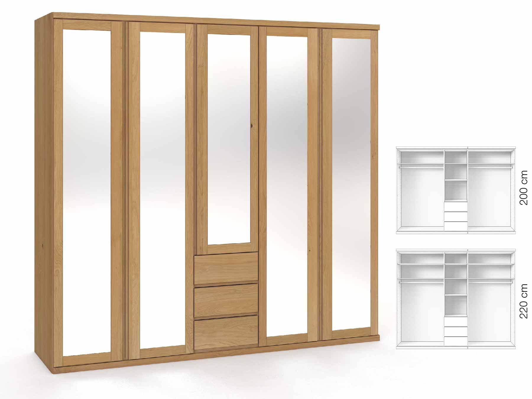 Eichenschrank Hell „Sandra“, 5-türig, Höhe 220 cm, Griffausführung „Patrizia“, Inneneinrichtung: E