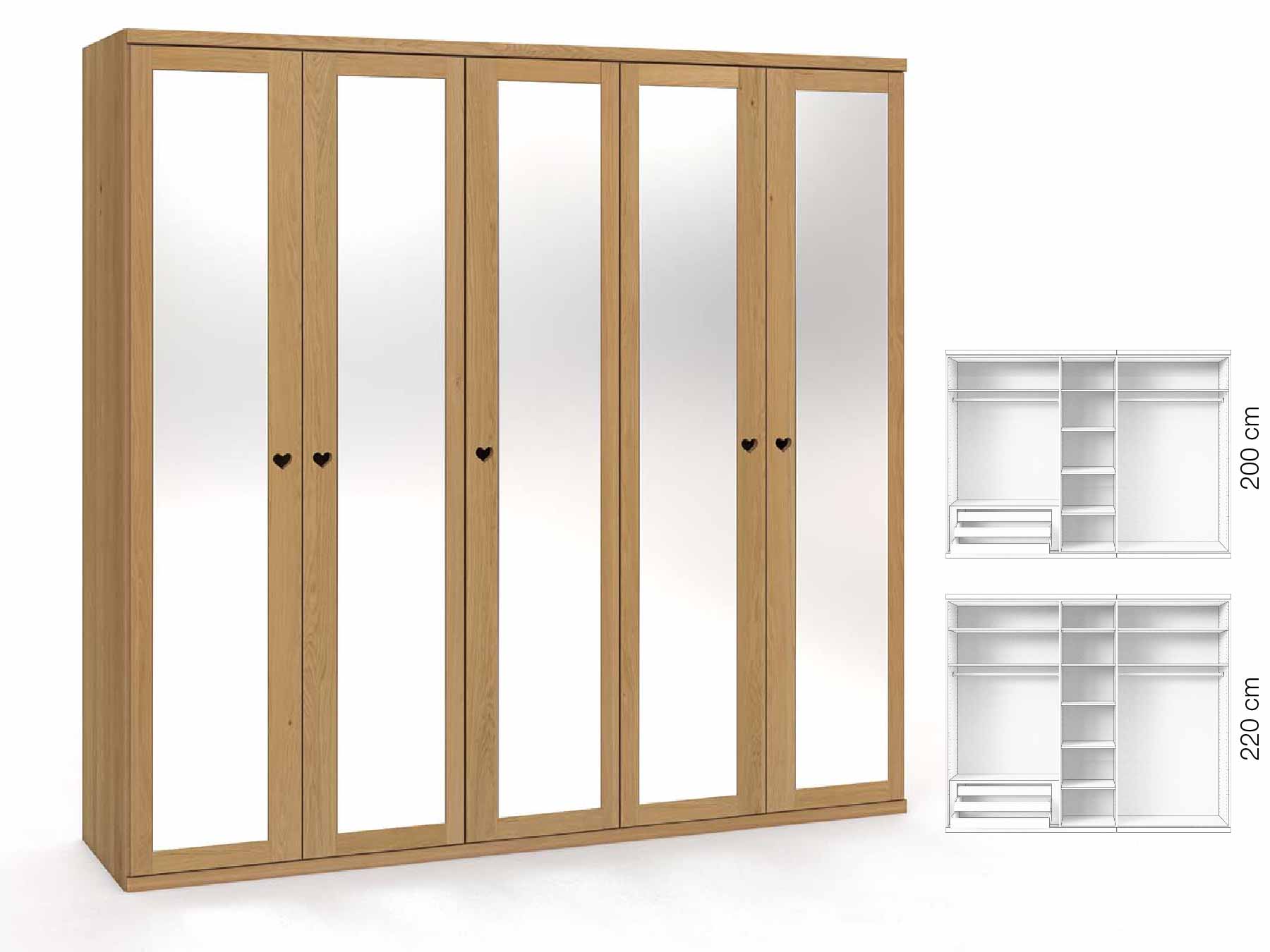 Eichenschrank Hell „Sandra“, 5-türig, Höhe 220 cm, Griffausführung „Heidi“, Inneneinrichtung: C