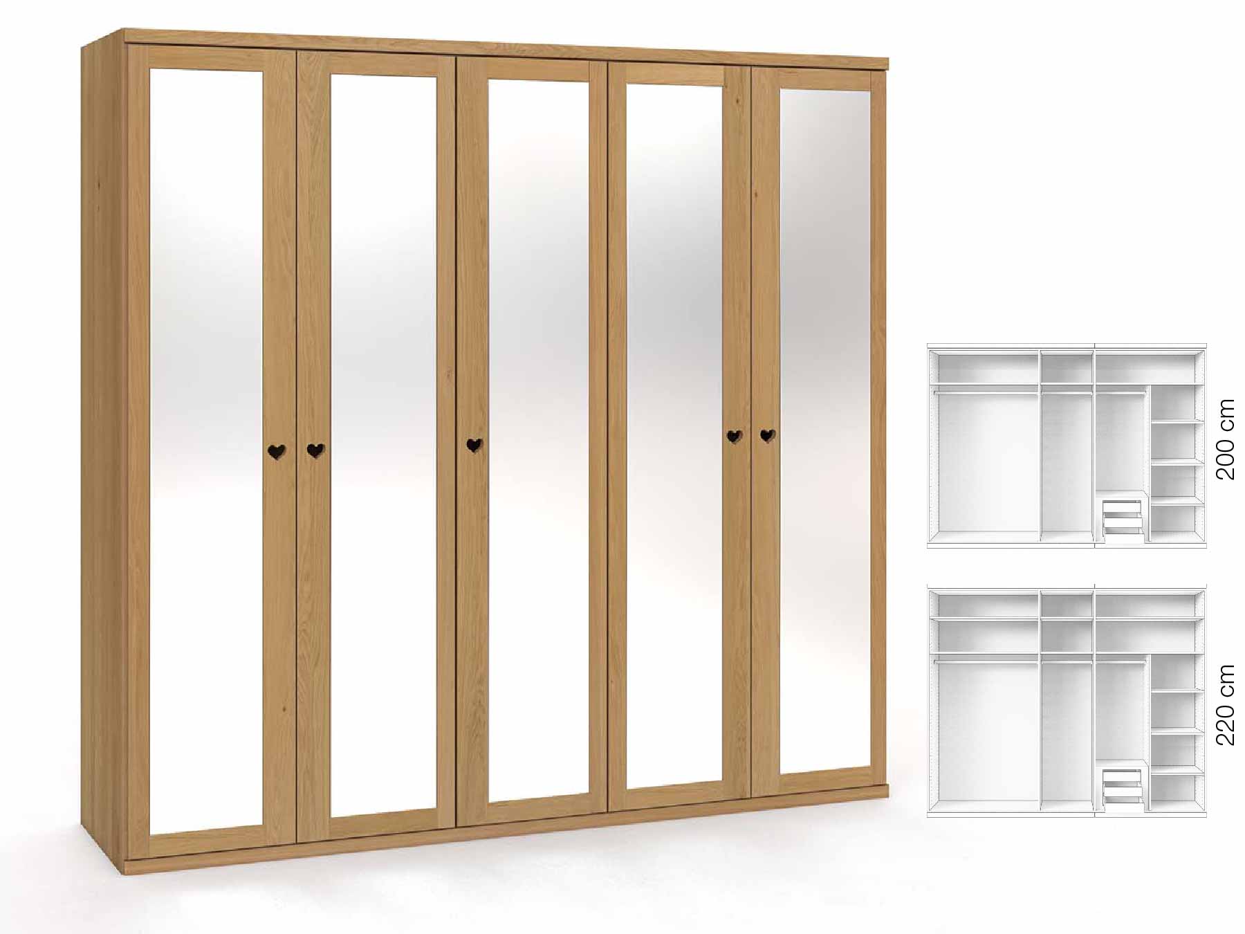Eichenschrank Hell „Sandra“, 5-türig, Höhe 220 cm, Griffausführung „Heidi“, Inneneinrichtung: D