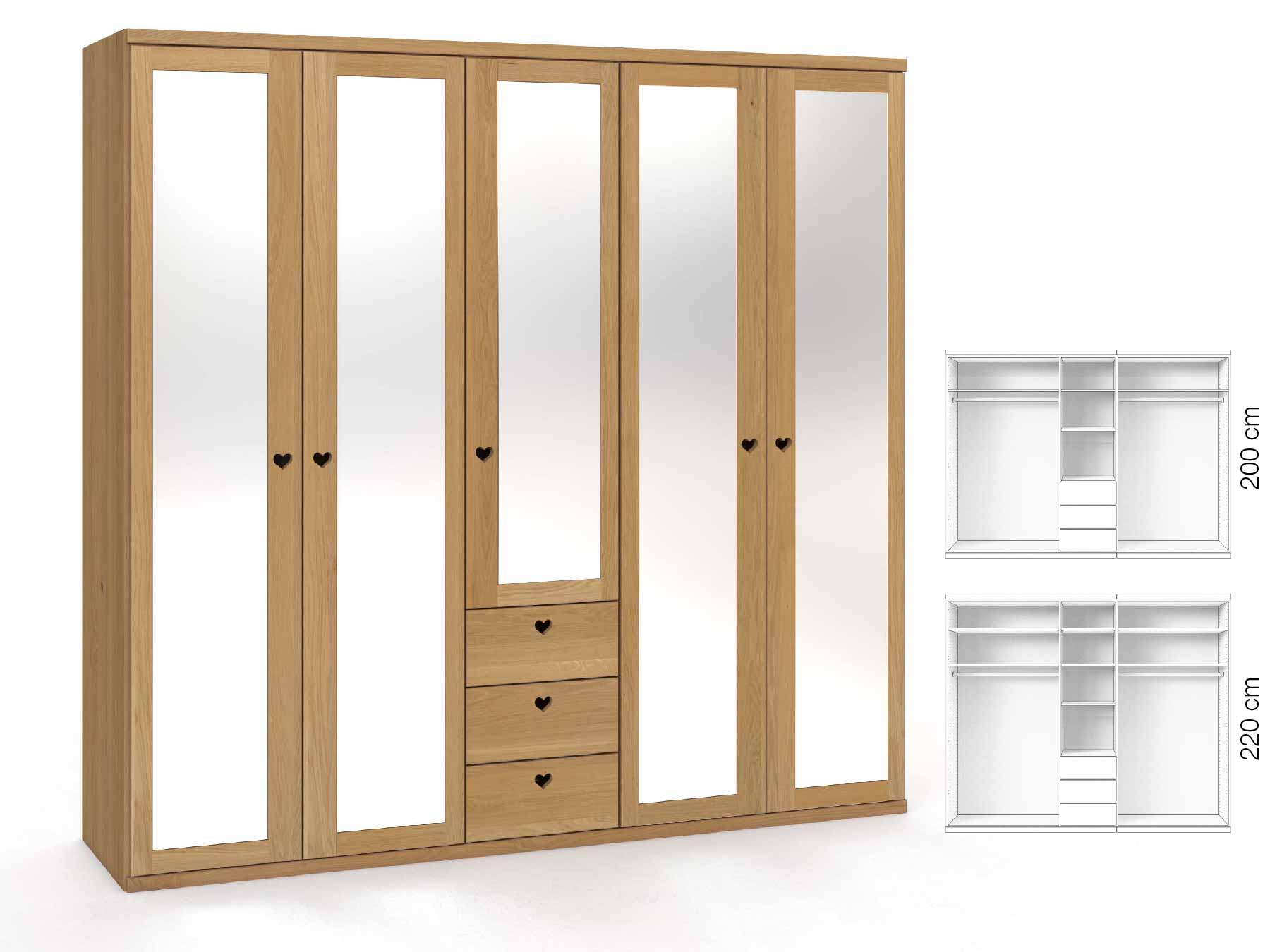 Eichenschrank Hell „Sandra“, 5-türig, Höhe 220 cm, Griffausführung „Heidi“, Inneneinrichtung: E
