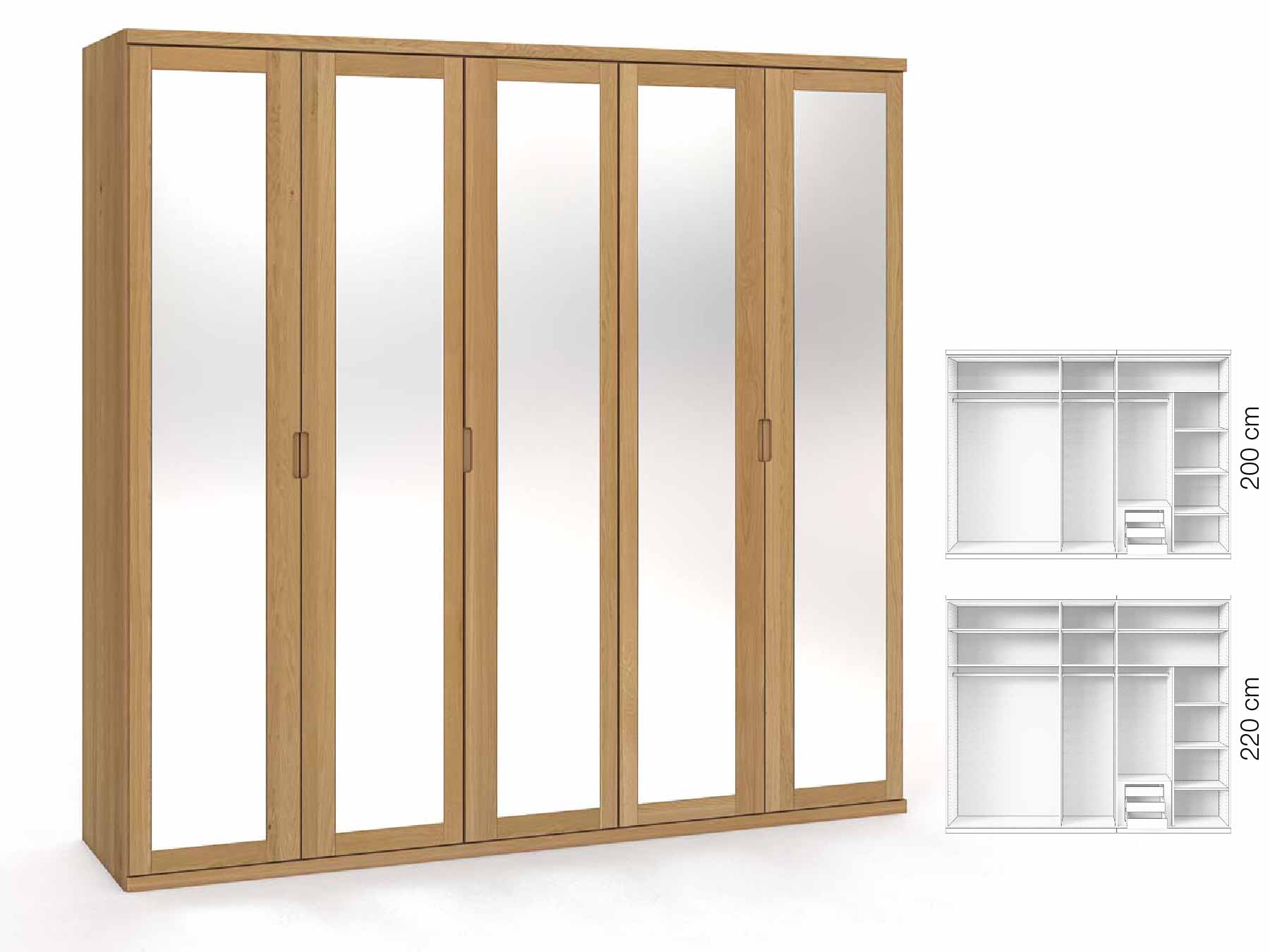 Eichenschrank Hell „Sandra“, 5-türig, Höhe 220 cm, Griffausführung „Lukas“, Inneneinrichtung: D