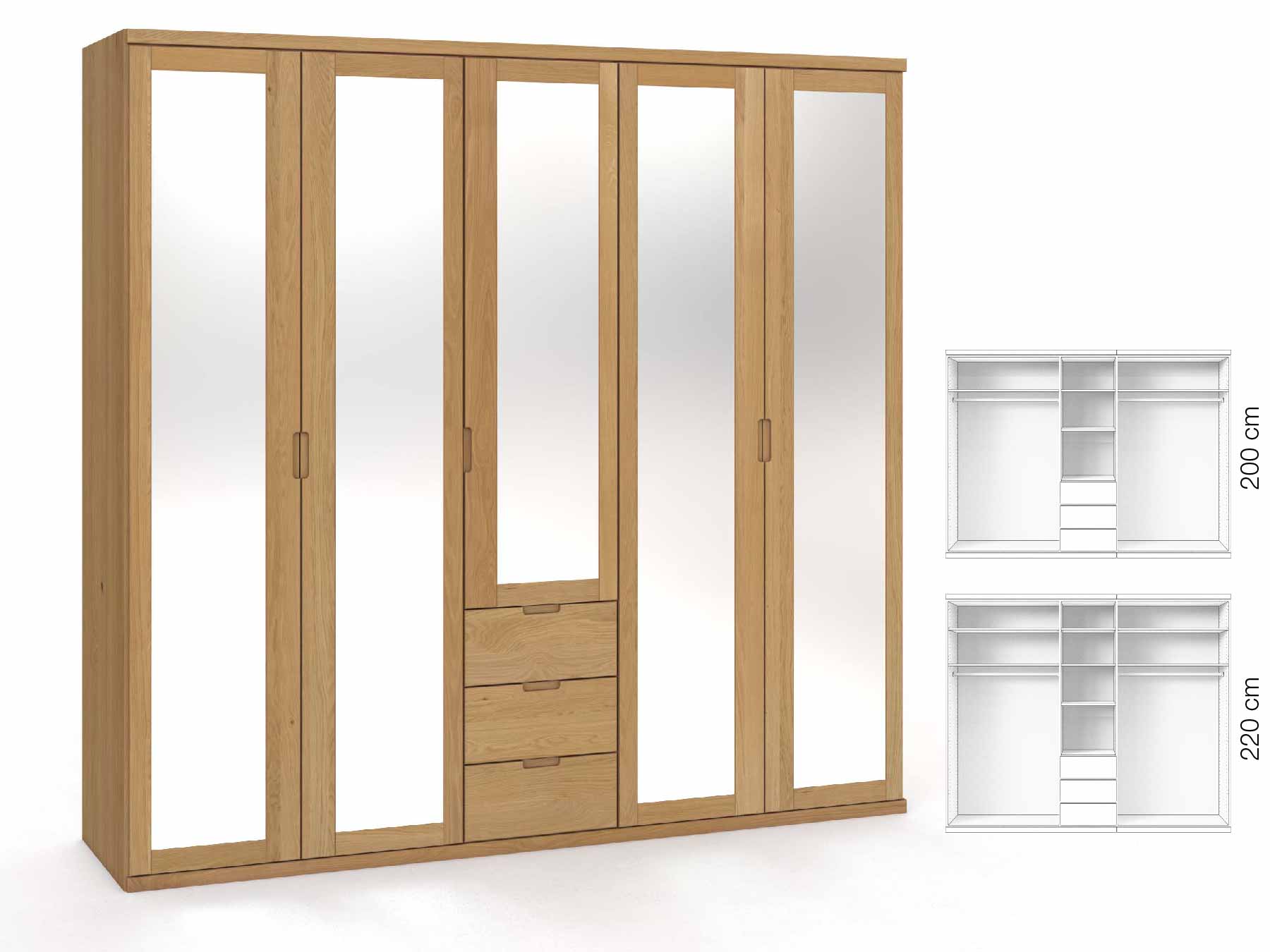 Eichenschrank Hell „Sandra“, 5-türig, Höhe 220 cm, Griffausführung „Lukas“, Inneneinrichtung: E