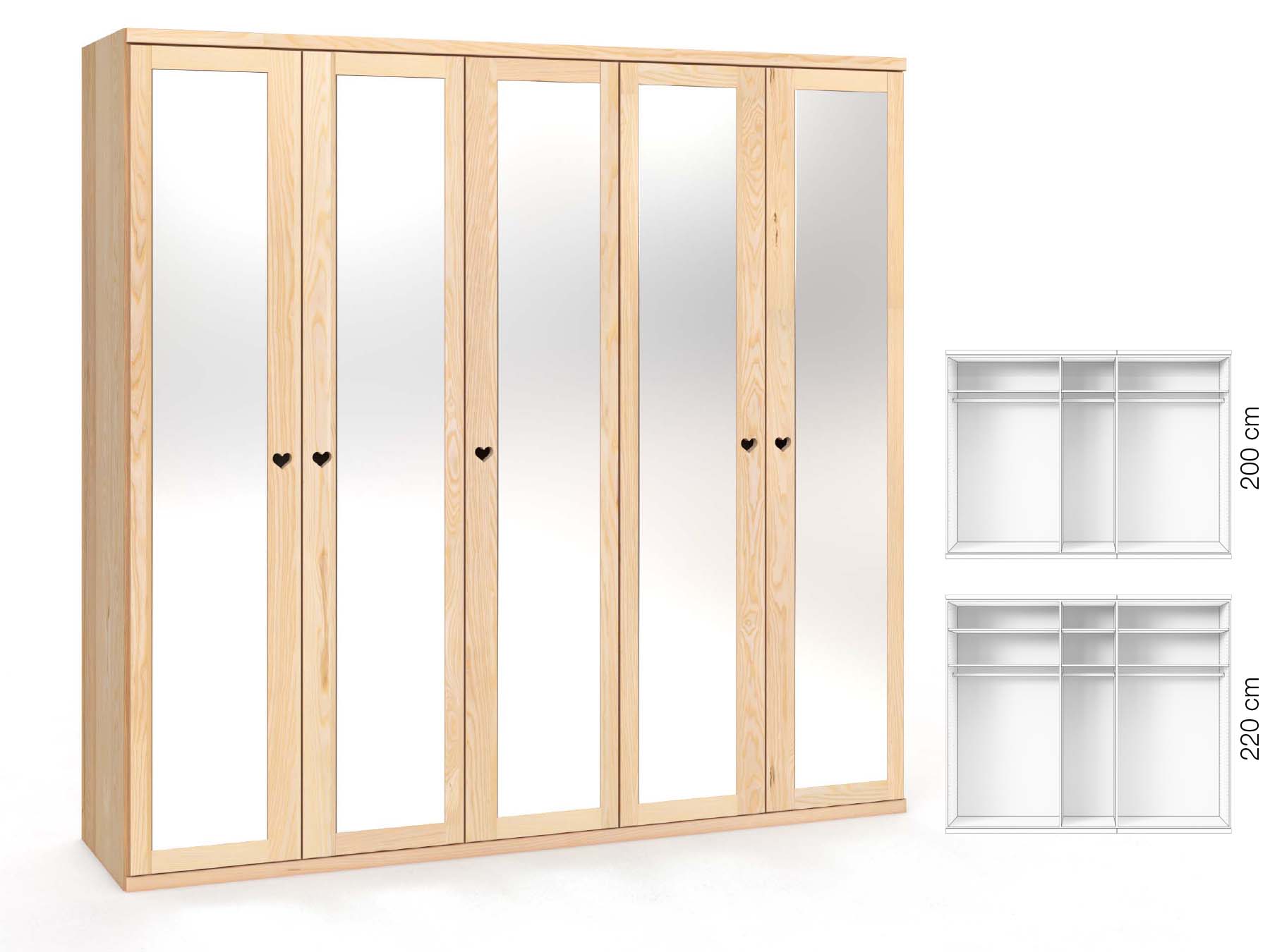 Eschenschrank „Sandra“, 5-türig, Höhe 220 cm, Griffausführung „Heidi“, Inneneinrichtung: A