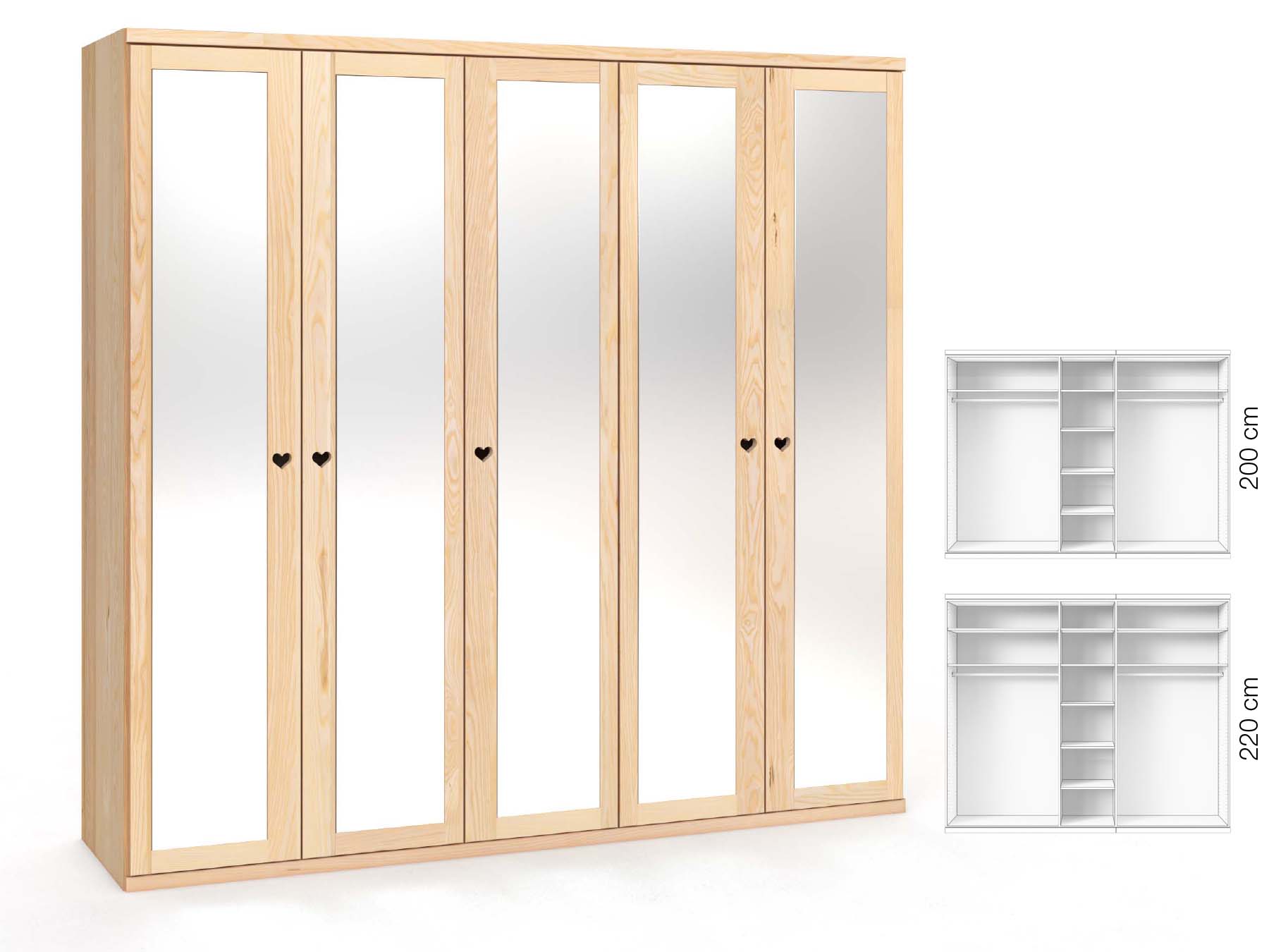Eschenschrank „Sandra“, 5-türig, Höhe 220 cm, Griffausführung „Heidi“, Inneneinrichtung: B