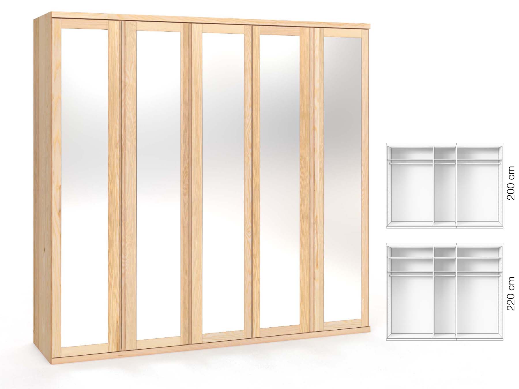 Eschenschrank „Sandra“, 5-türig, Höhe 220 cm, Griffausführung „Patrizia“, Inneneinrichtung: A