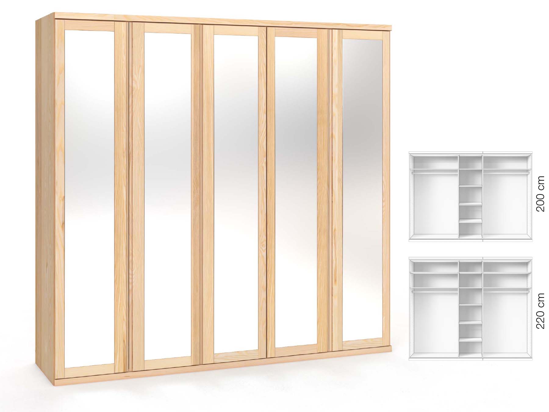 Eschenschrank „Sandra“, 5-türig, Höhe 220 cm, Griffausführung „Patrizia“, Inneneinrichtung: B
