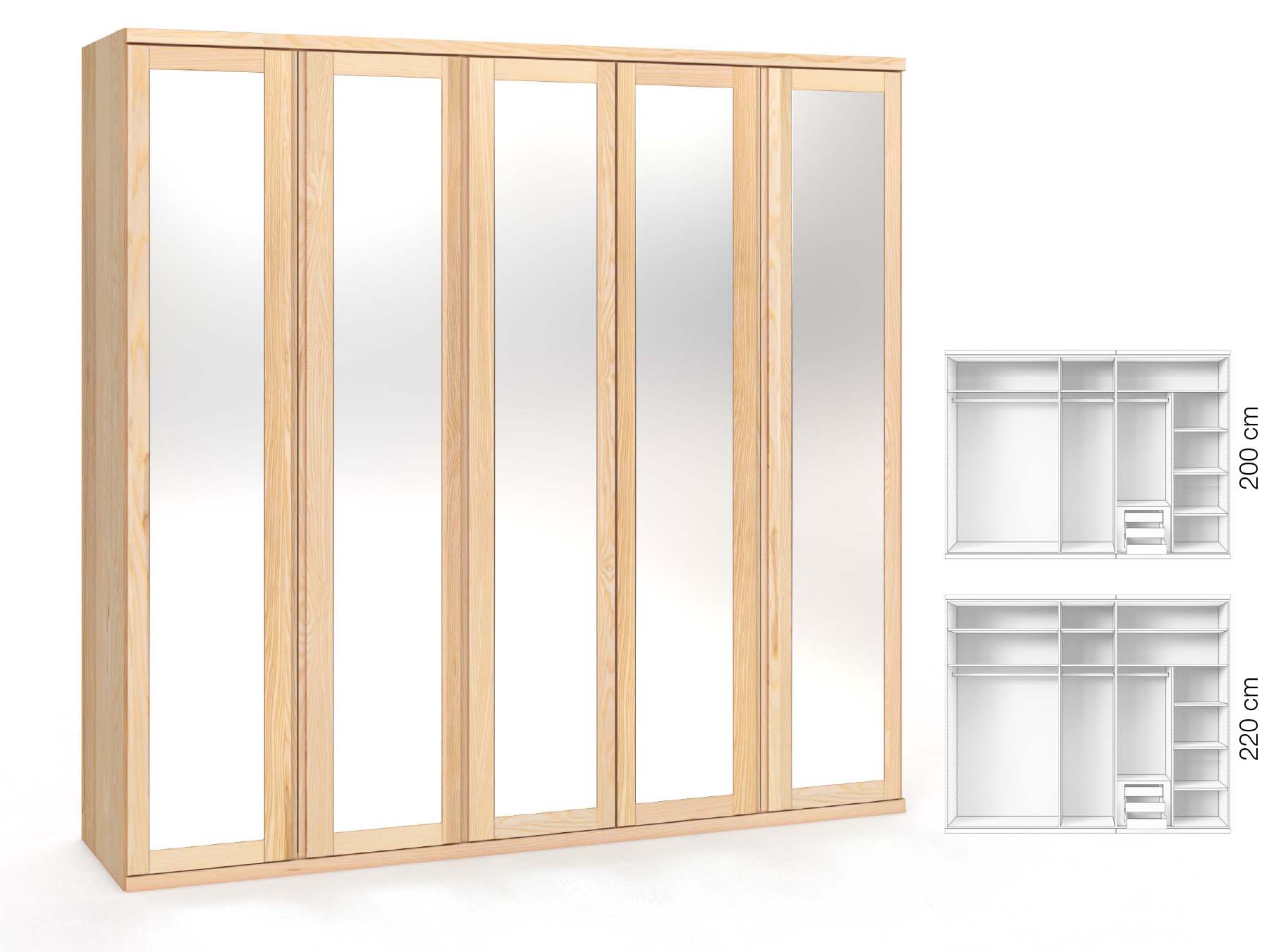 Eschenschrank „Sandra“, 5-türig, Höhe 220 cm, Griffausführung „Patrizia“, Inneneinrichtung: D