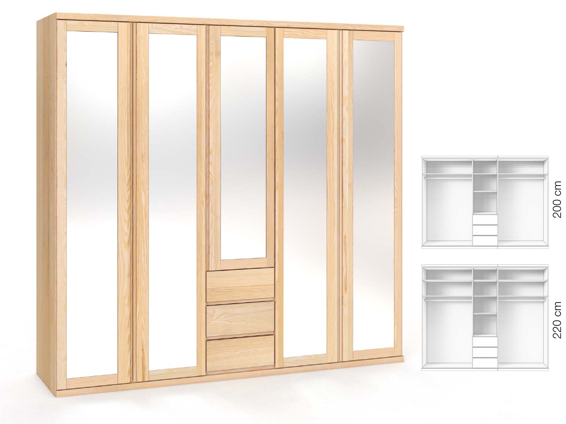 Eschenschrank „Sandra“, 5-türig, Höhe 220 cm, Griffausführung „Patrizia“, Inneneinrichtung: E