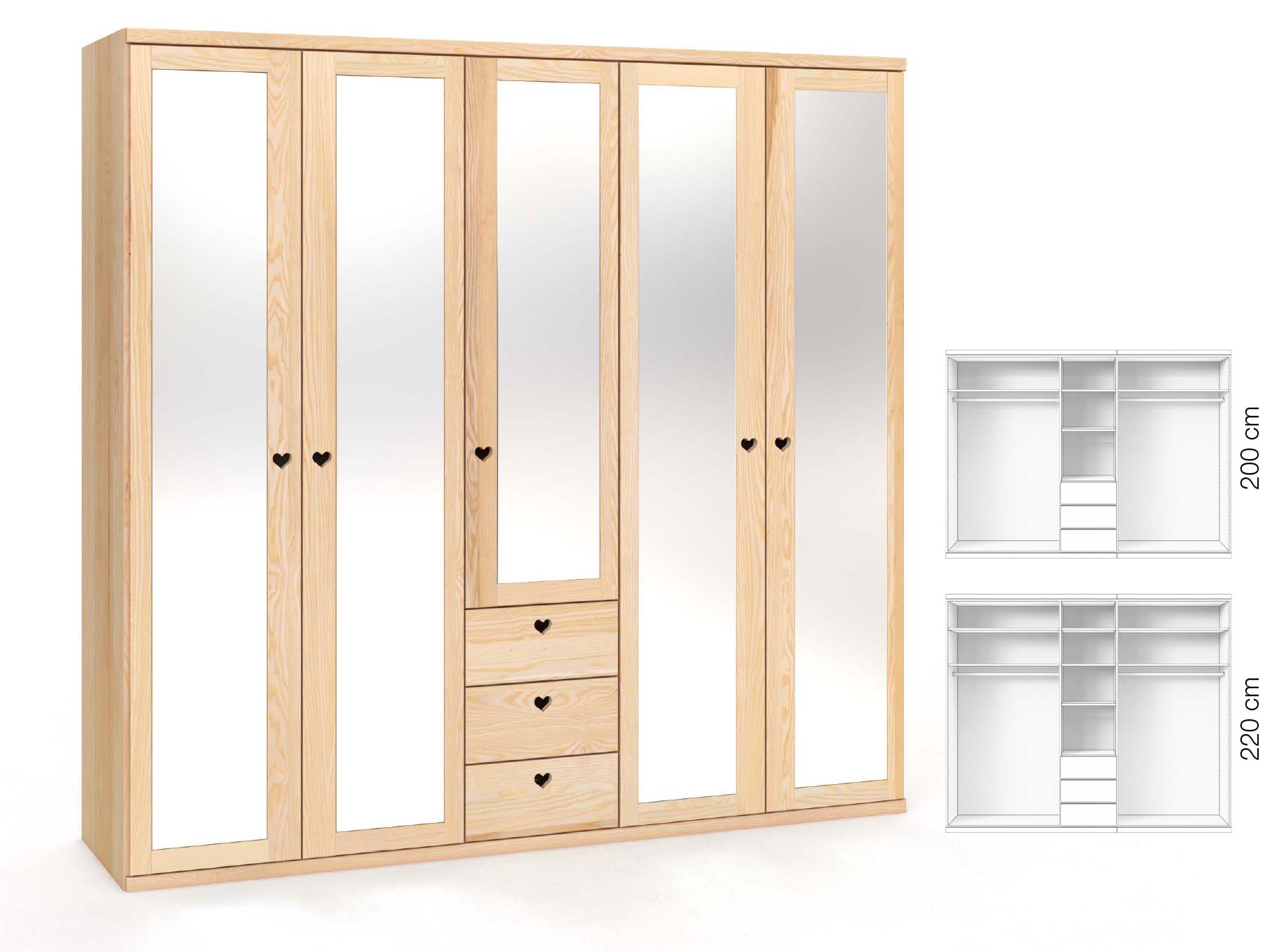 Eschenschrank „Sandra“, 5-türig, Höhe 220 cm, Griffausführung „Heidi“, Inneneinrichtung: E