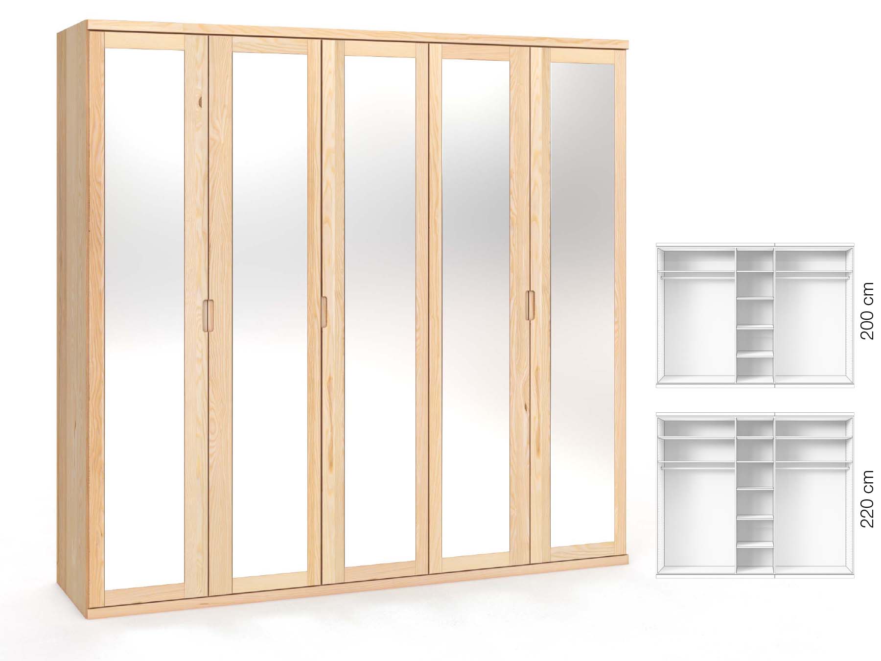 Eschenschrank „Sandra“, 5-türig, Höhe 220 cm, Griffausführung „Lukas“, Inneneinrichtung: B