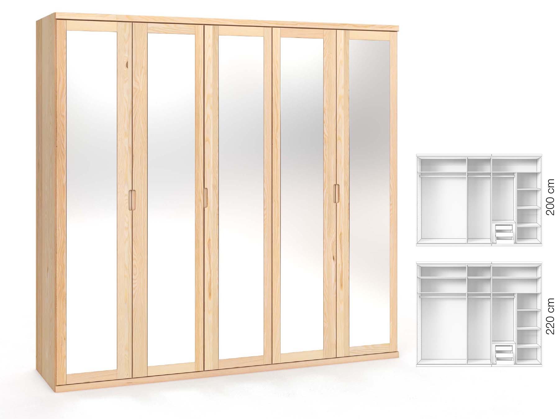 Eschenschrank „Sandra“, 5-türig, Höhe 220 cm, Griffausführung „Lukas“, Inneneinrichtung: D