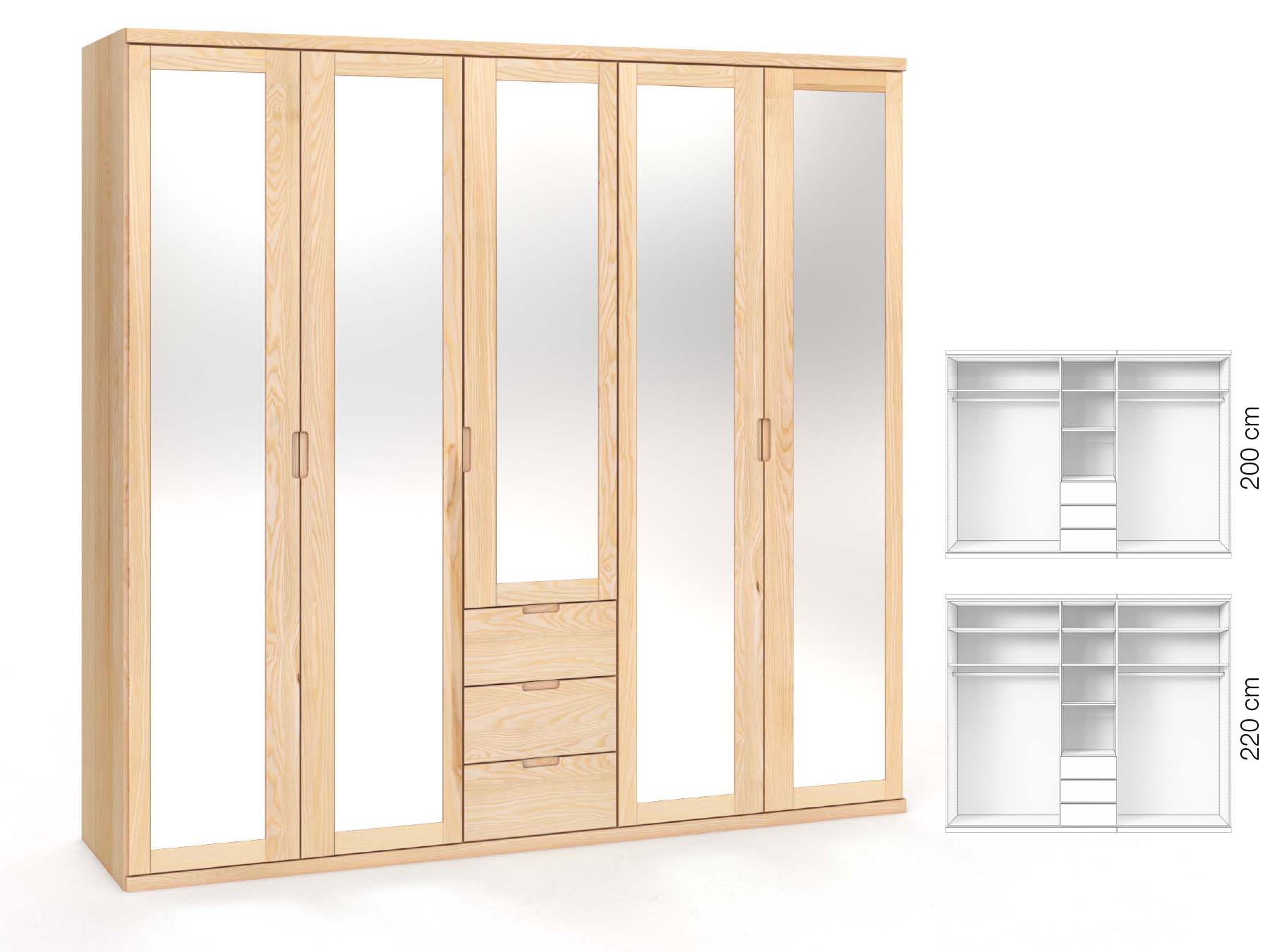 Eschenschrank „Sandra“, 5-türig, Höhe 220 cm, Griffausführung „Lukas“, Inneneinrichtung: E