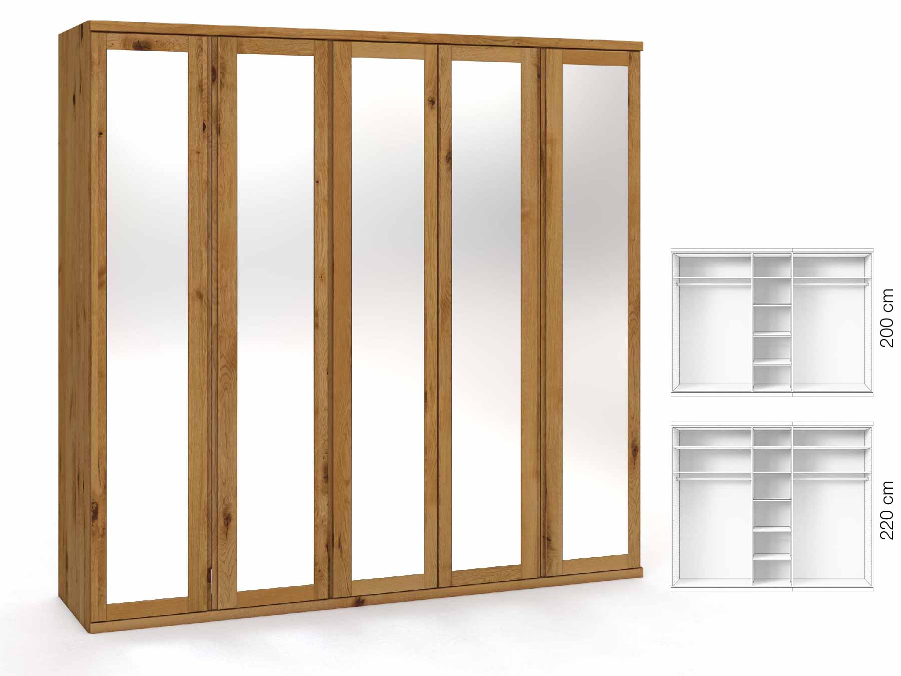 Wildeichenschrank „Sandra“, 5-türig, Höhe 220 cm, Griffausführung „Patrizia“, Inneneinrichtung: B