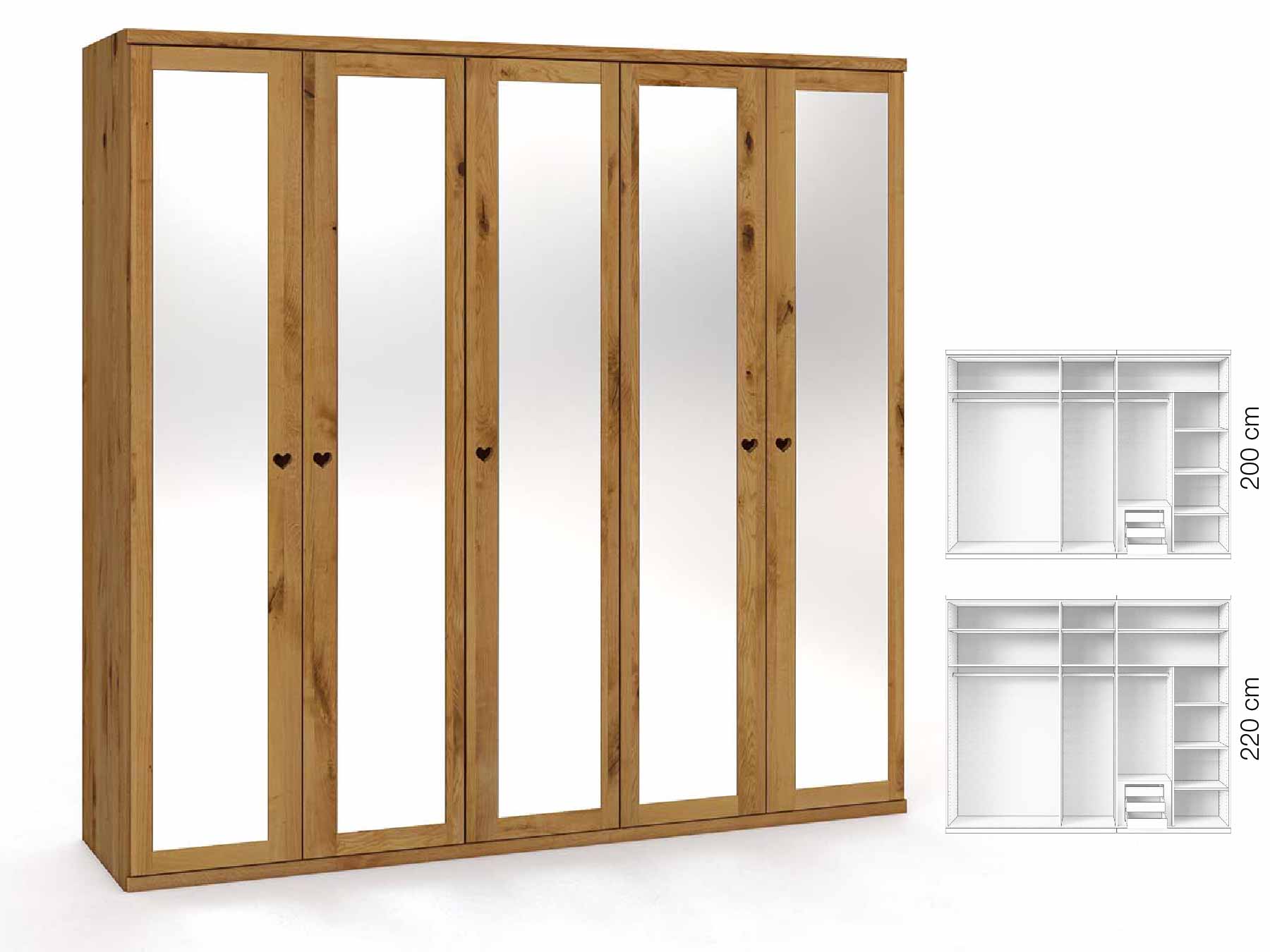 Wildeichenschrank „Sandra“, 5-türig, Höhe 220 cm, Griffausführung „Heidi“, Inneneinrichtung: D