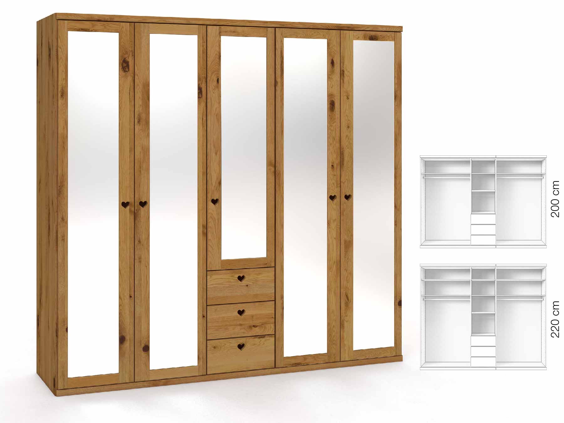 Wildeichenschrank „Sandra“, 5-türig, Höhe 220 cm, Griffausführung „Heidi“, Inneneinrichtung: E