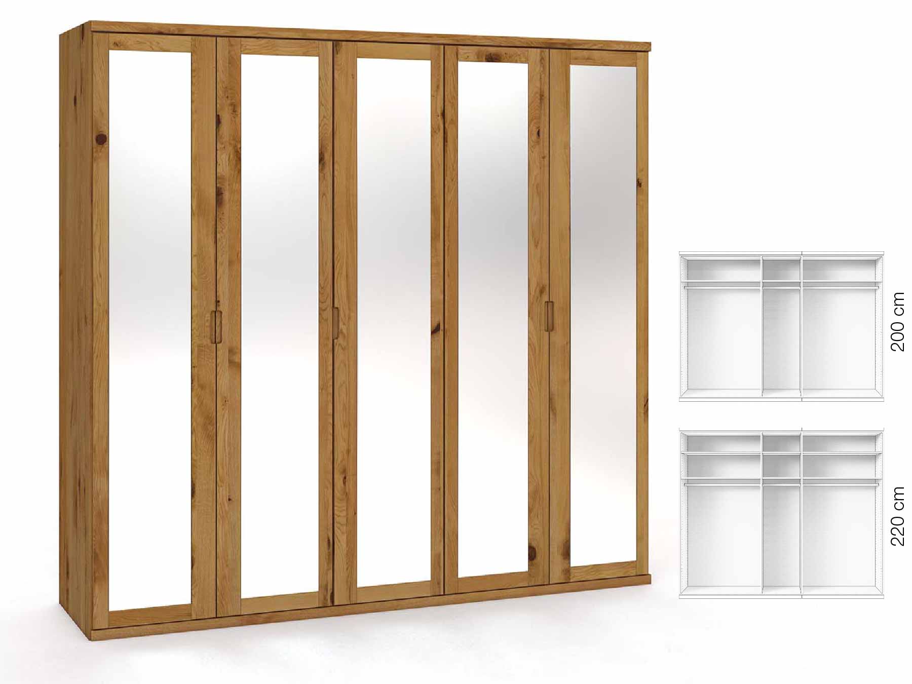 Wildeichenschrank „Sandra“, 5-türig, Höhe 220 cm, Griffausführung „Lukas“, Inneneinrichtung: A