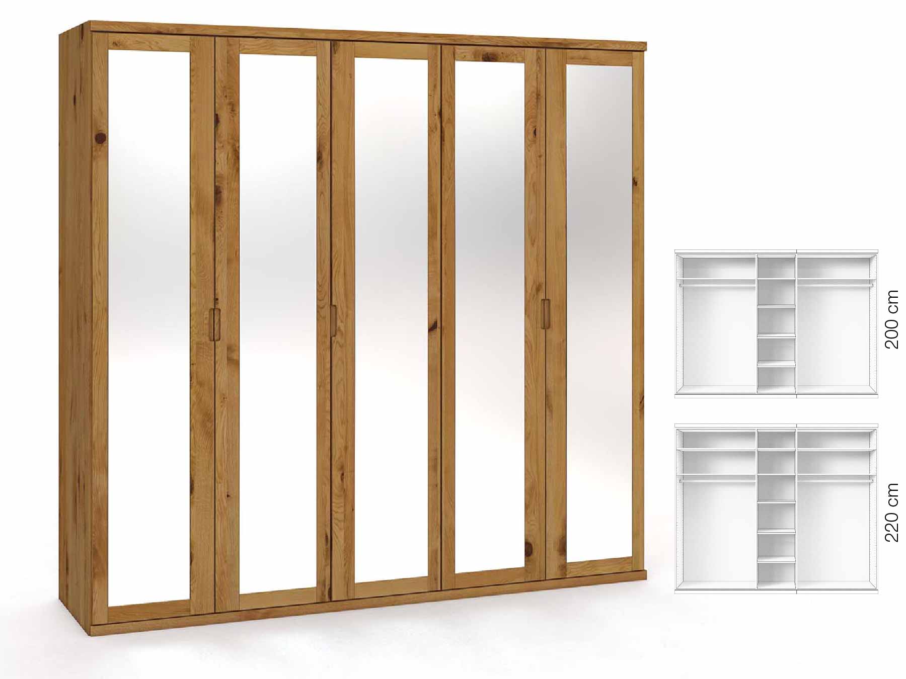 Wildeichenschrank „Sandra“, 5-türig, Höhe 220 cm, Griffausführung „Lukas“, Inneneinrichtung: B