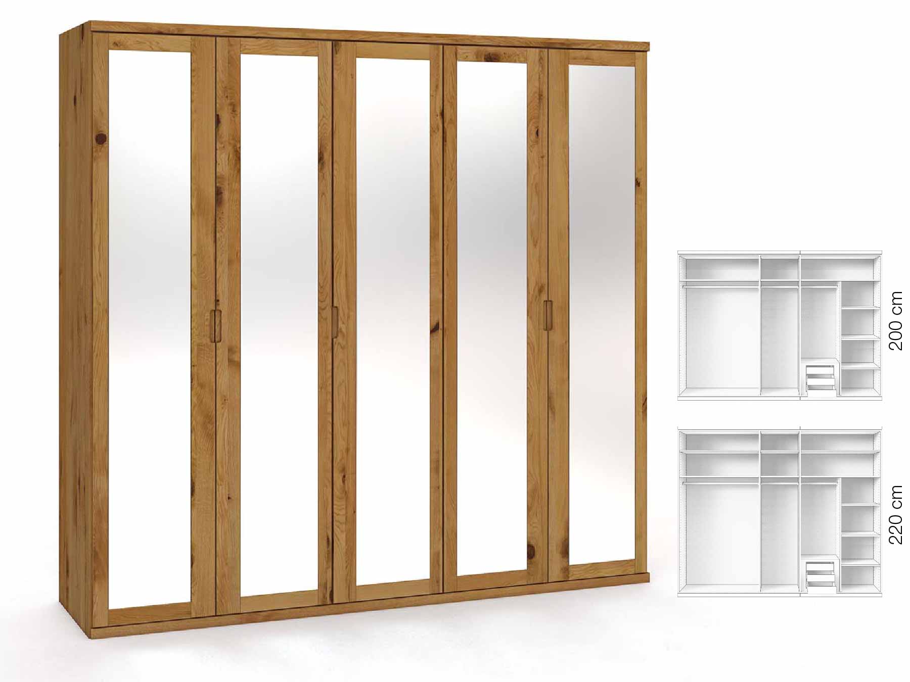 Wildeichenschrank „Sandra“, 5-türig, Höhe 220 cm, Griffausführung „Lukas“, Inneneinrichtung: D