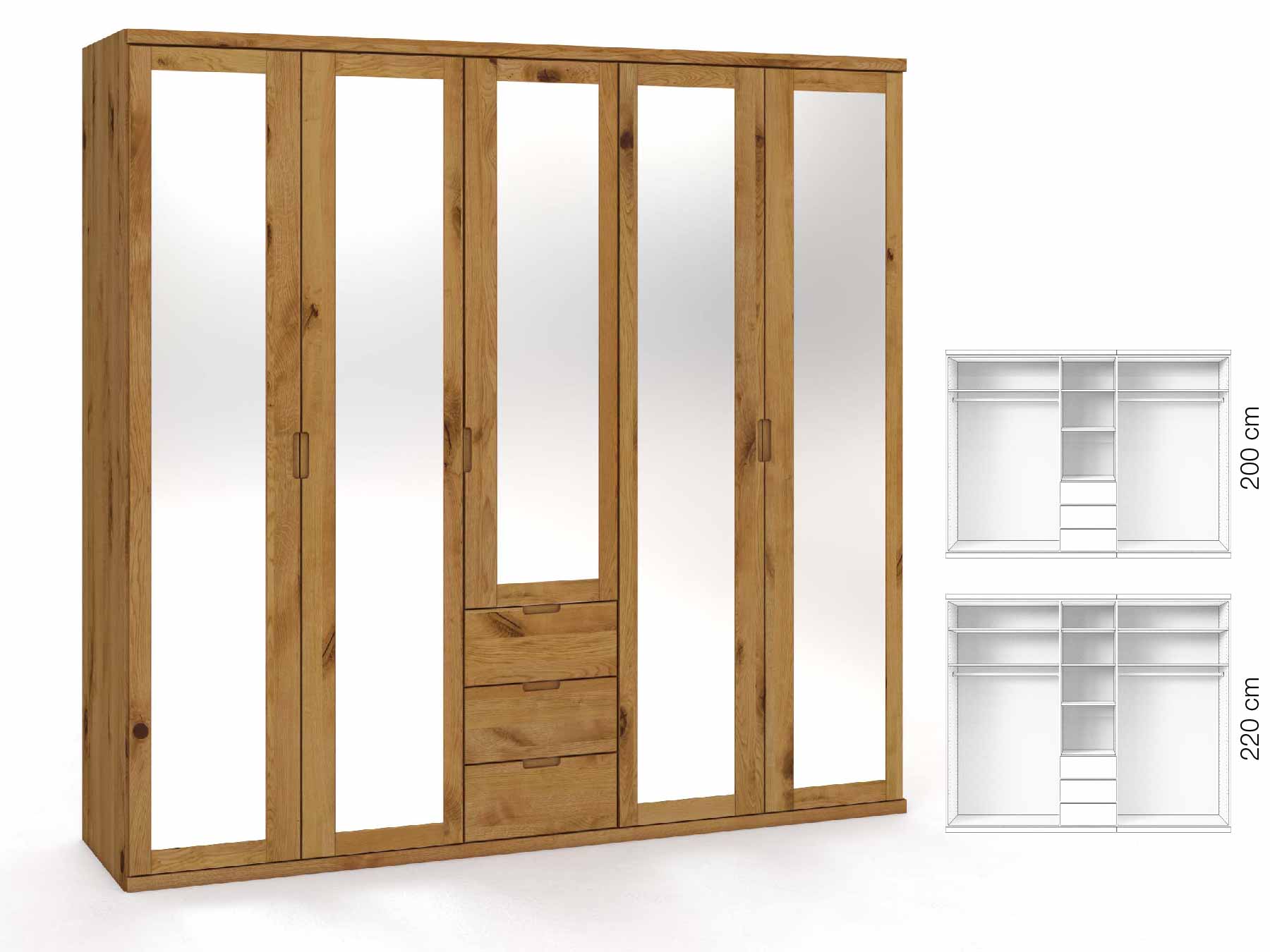 Wildeichenschrank „Sandra“, 5-türig, Höhe 220 cm, Griffausführung „Lukas“, Inneneinrichtung: E