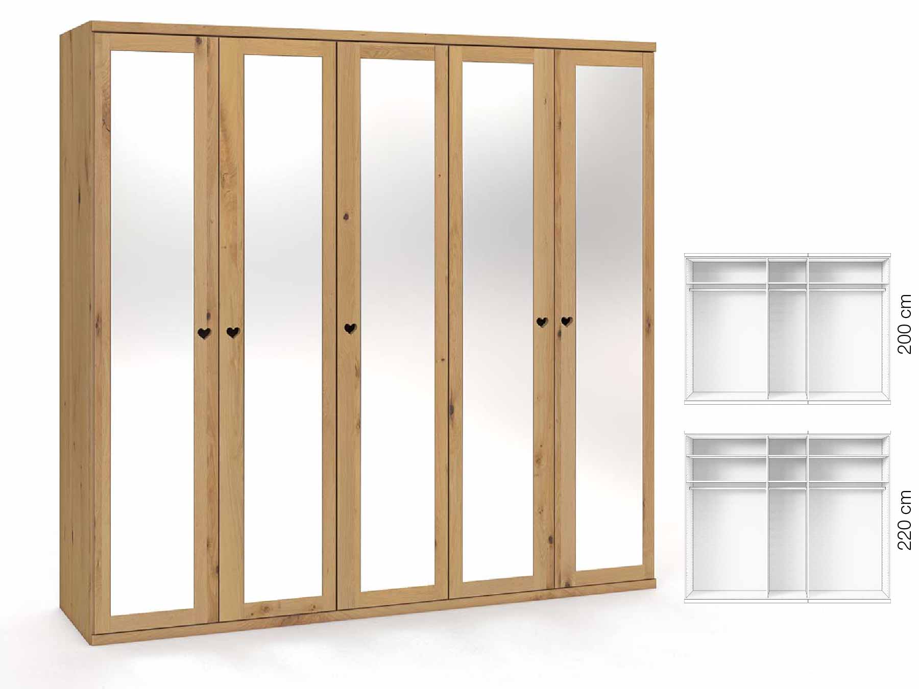 Wildeichenschrank Hell „Sandra“, 5-türig, Höhe 220 cm, Griffausführung „Heidi“, Inneneinrichtung: A