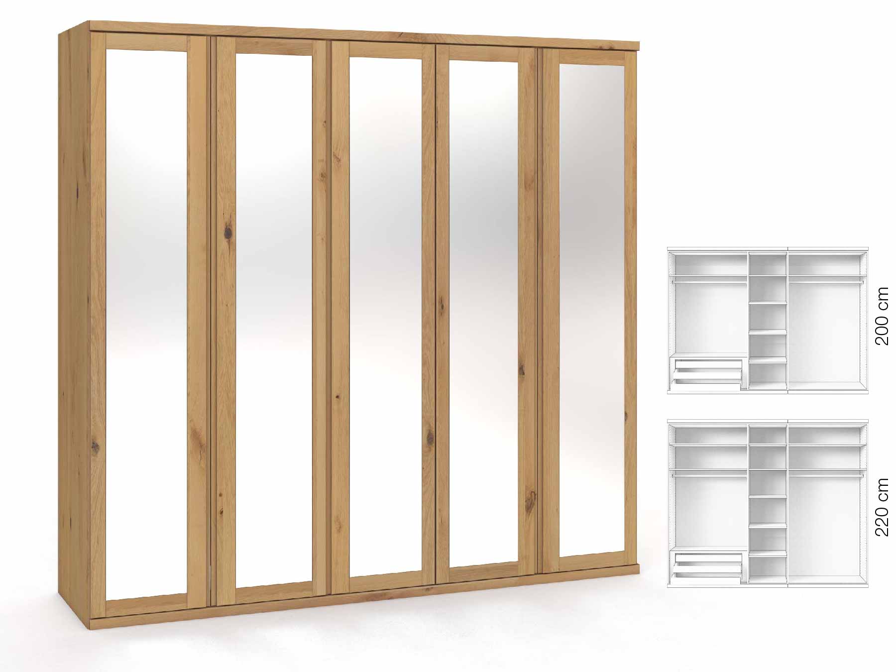 Wildeichenschrank Hell „Sandra“, 5-türig, Höhe 220 cm, Griffausführung „Patrizia“, Inneneinrichtung: C