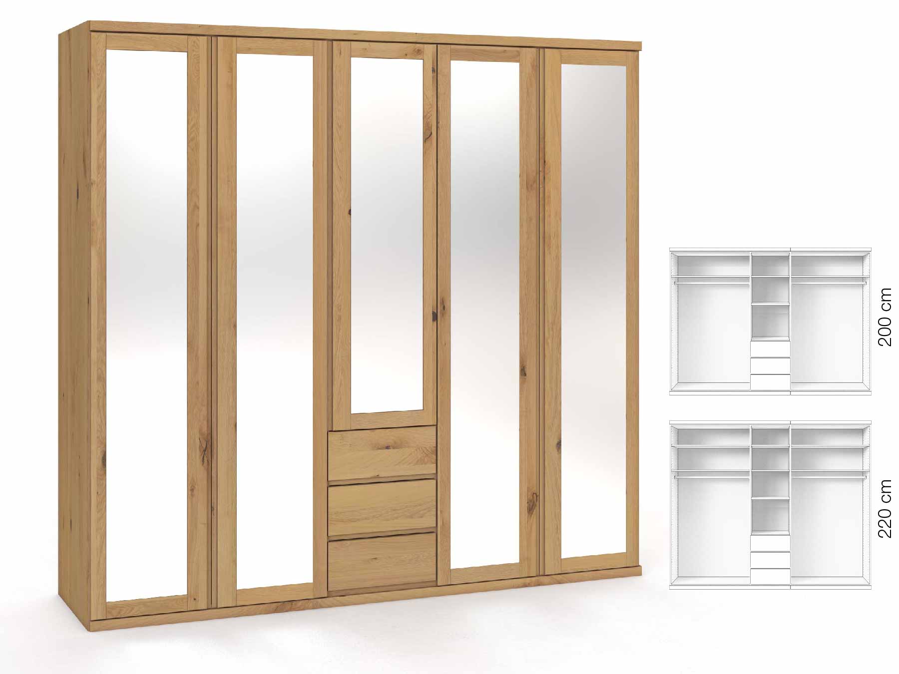 Wildeichenschrank Hell „Sandra“, 5-türig, Höhe 220 cm, Griffausführung „Patrizia“, Inneneinrichtung: E