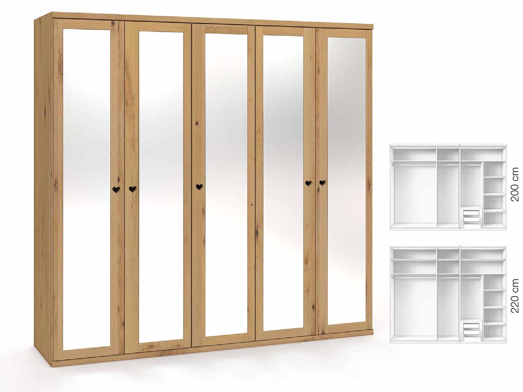 Wildeichenschrank Hell „Sandra“, 5-türig, Höhe 220 cm, Griffausführung „Heidi“, Inneneinrichtung: D