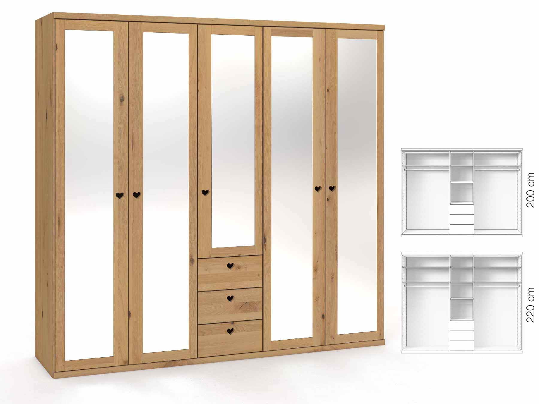 Wildeichenschrank Hell „Sandra“, 5-türig, Höhe 220 cm, Griffausführung „Heidi“, Inneneinrichtung: E